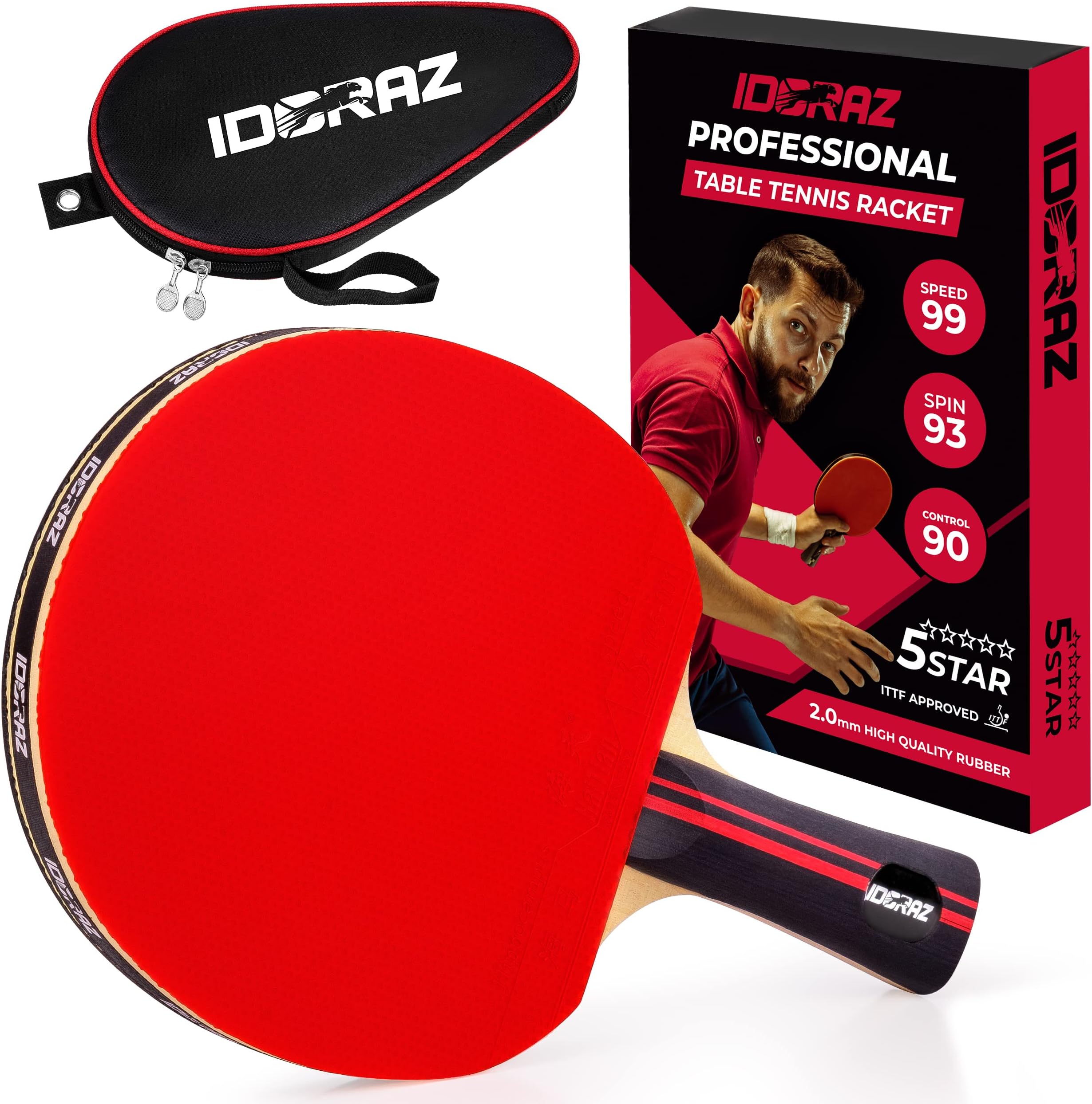 Professional Ping Pong Paddle - Best Table Tennis Racket with Carrying Case ITTF Approved Rubber - Premium Ping Pong Paddles with Top Speed 99 Spin 93 Control 90 for All Levels