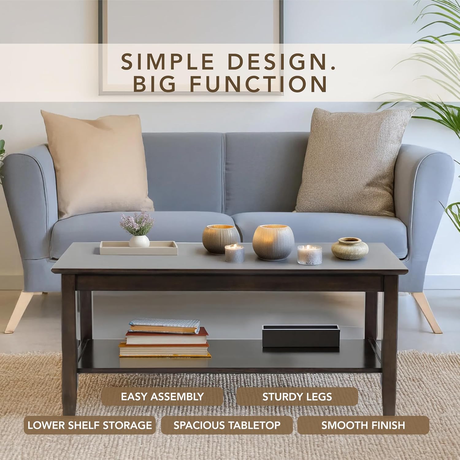 Solid Wood Coffee Table – Timeless Living Room Centerpiece – Durable Dark Walnut Wood Finish – Sturdy Leg Assembly – Classic Design – Assembly Required