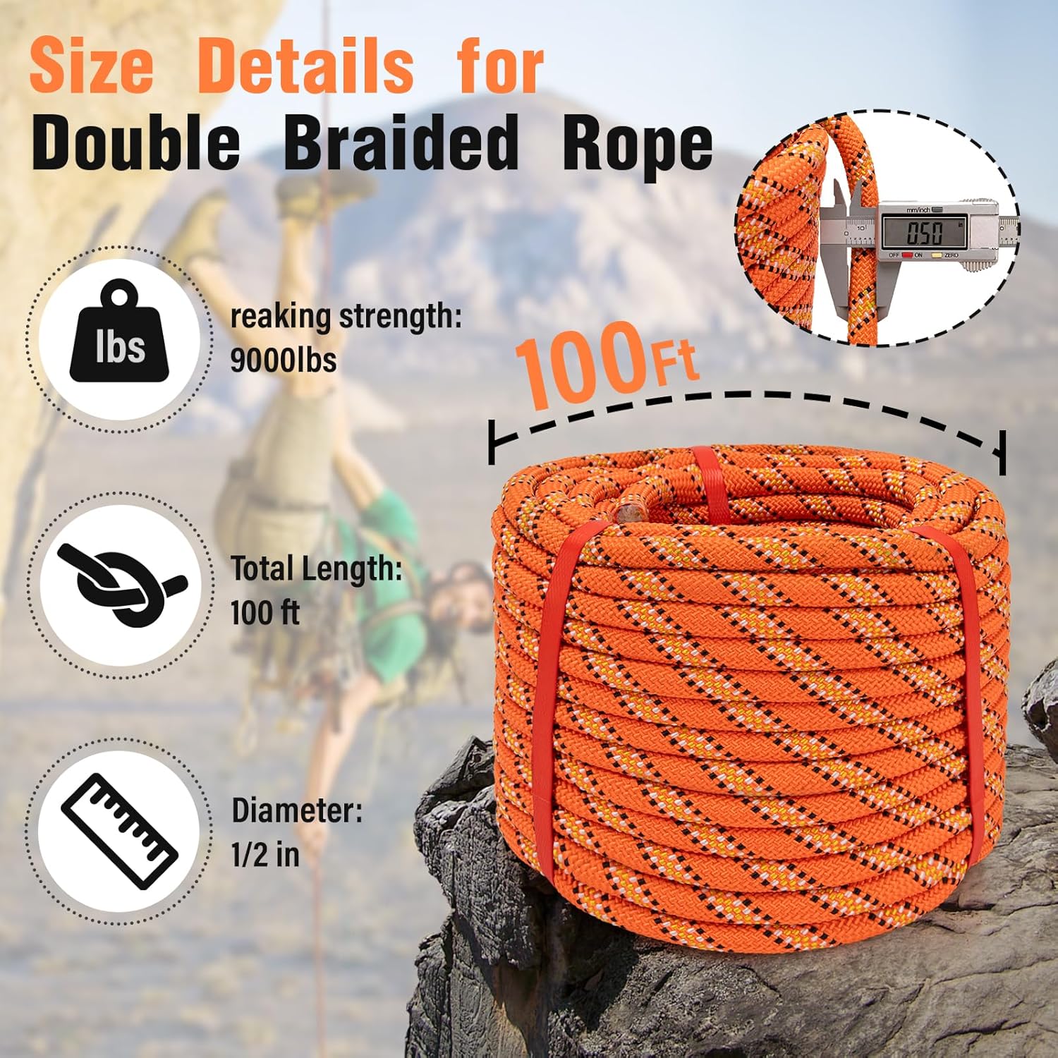 Professional Arborist Rope, 48-Strand 1/2in x 100ft, High Tensile Strength for Climbing & Outdoor Activities, Orange