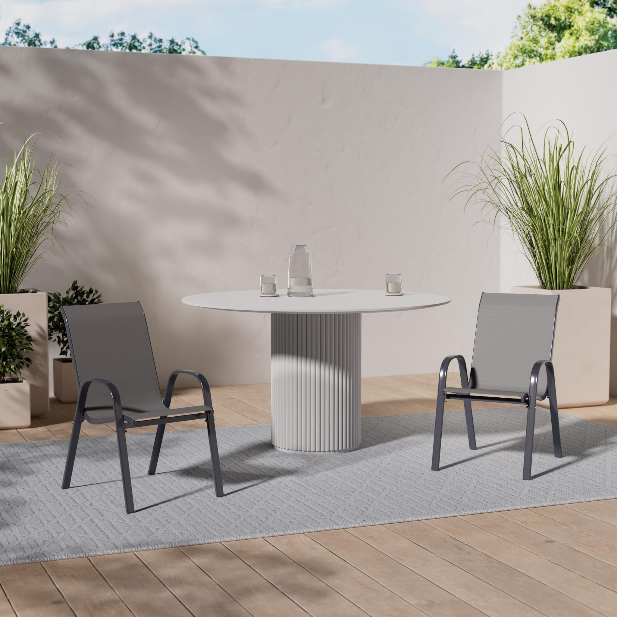 TERRE JARDIN Pack de 4 Sillas de Jardín de Textileno Gris - Sillas de Exterior Apilables con Reposabrazos - Resistentes al Sol y a la Intemperie para Terraza y Balcón