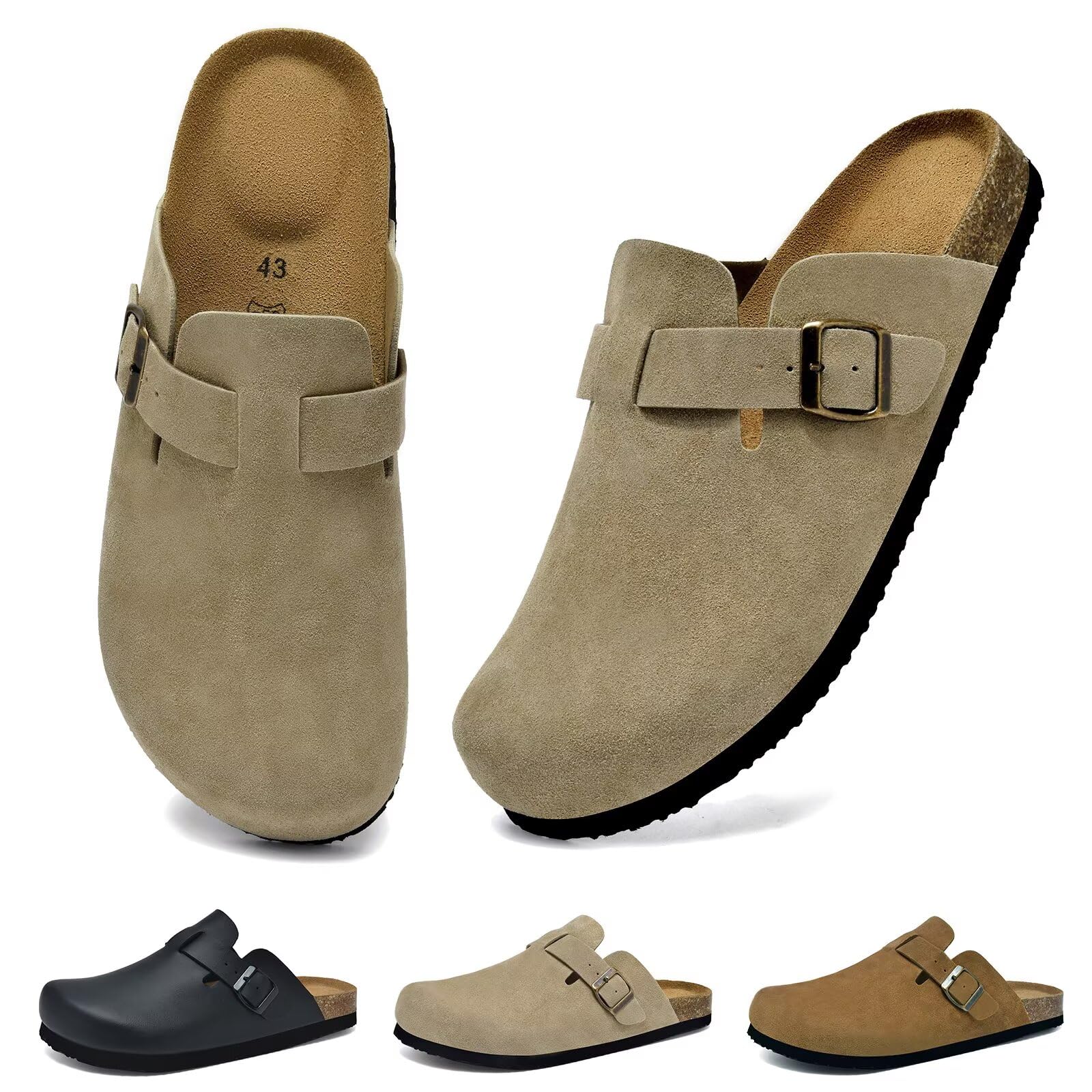 Wizshoe Herren Pantoletten Clogs Hausschuhe Bequeme Sandalen mit Verstellbarem Schnallenriemen Weichem Kork-Fußbett rutschfest Gartenschuhe für Haus Garten Alltag 41–46 EU