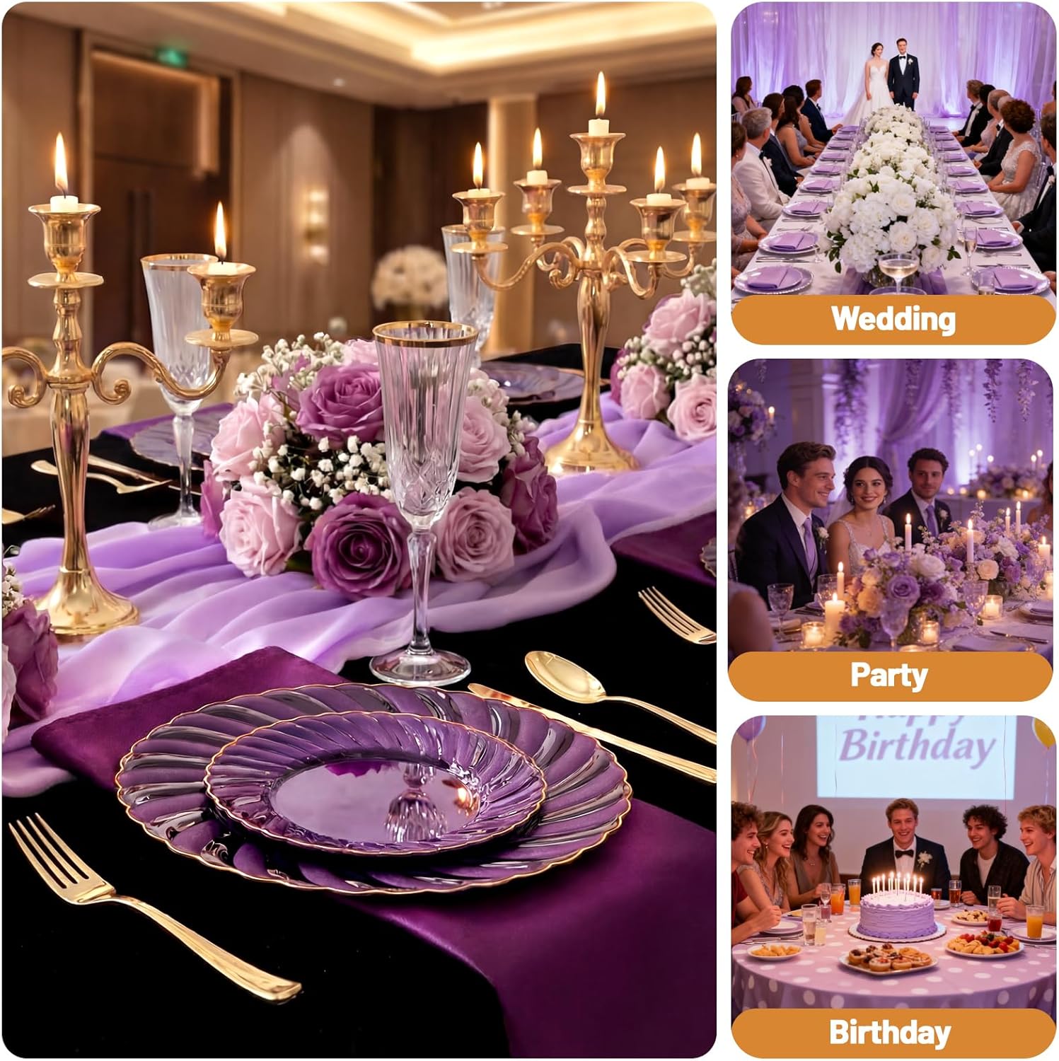 YOUBET 125PCS Purple Plastic Dinnerware Set - Gold and Clear Purple Disposable Plates Include 50 Plastic Plates 75 Silverwares for Wedding Birthday Parties & Party