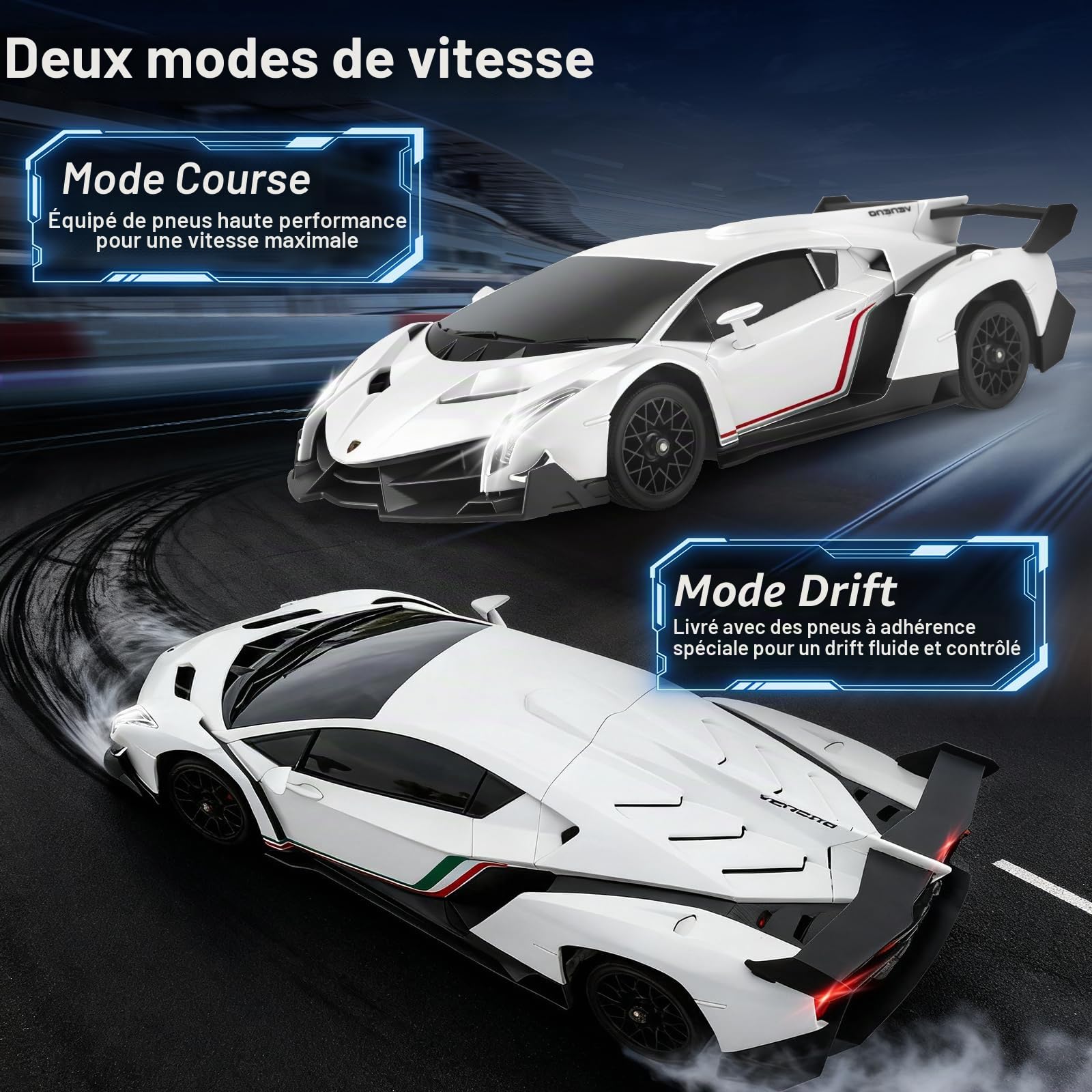 Voiture Télécommandée Drift, 2.4 GHz 1:18 Lamborghini RC Drift Car avec LED, 35 KM/H 4WD Voiture Télécommandée Tout Terrain pour Garcons et Filles 5 6 7 8 9 10 Ans (Blanche)