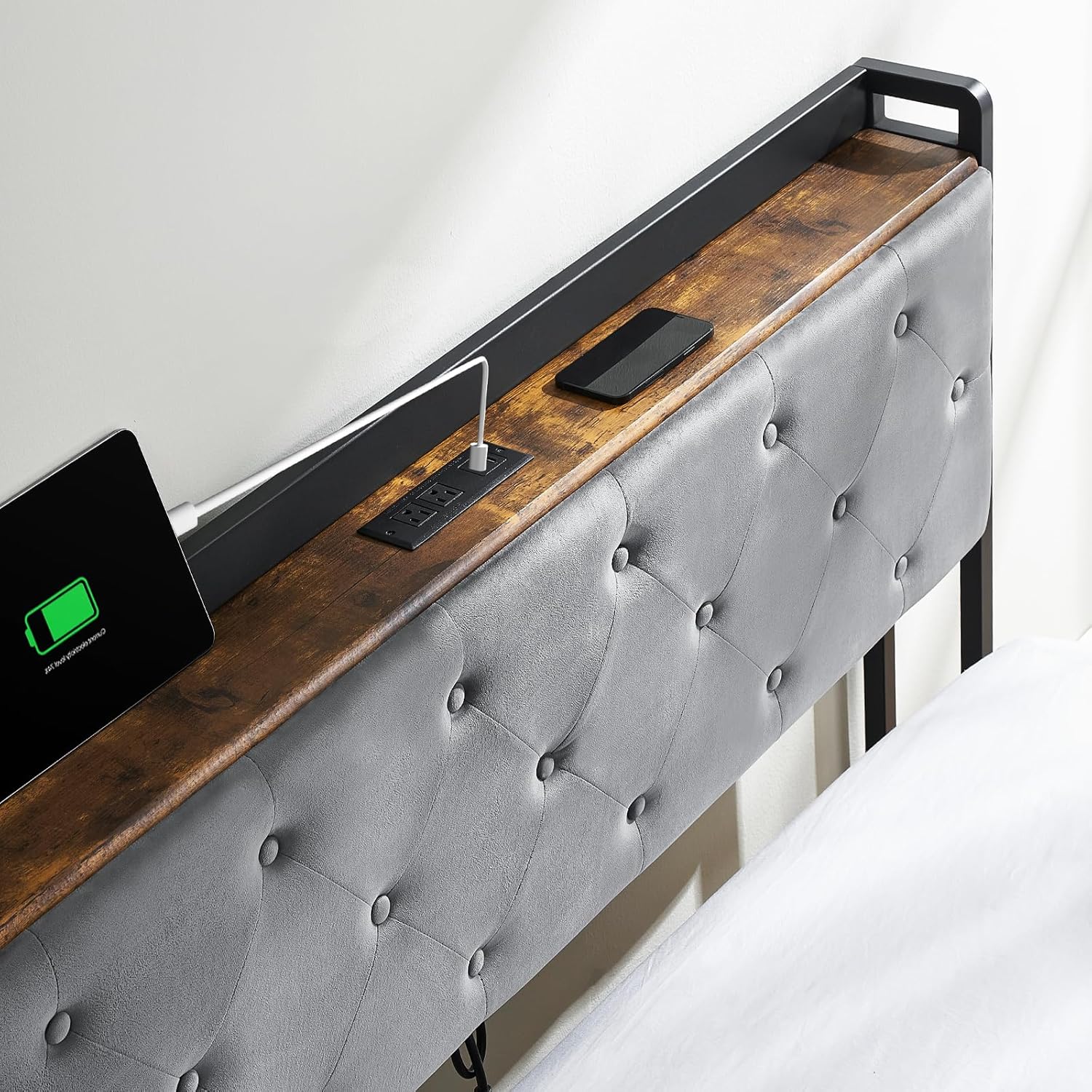 Full Size Platform Bed Frame with Storage - 4 Drawers & Charging Station, Velvet Upholstered Headboard with Shelf, Sturdy Metal Frame, No Box Spring Needed, Luxury Bedroom Furniture for Modern Homes