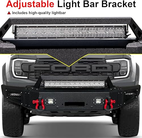 Miniatura 7 de Parachoques delantero con textura negra compatible con Ford Ranger 2019 2020 2021 2022 2023 2024 con placa de cabrestante, luces LED, anillo en D y