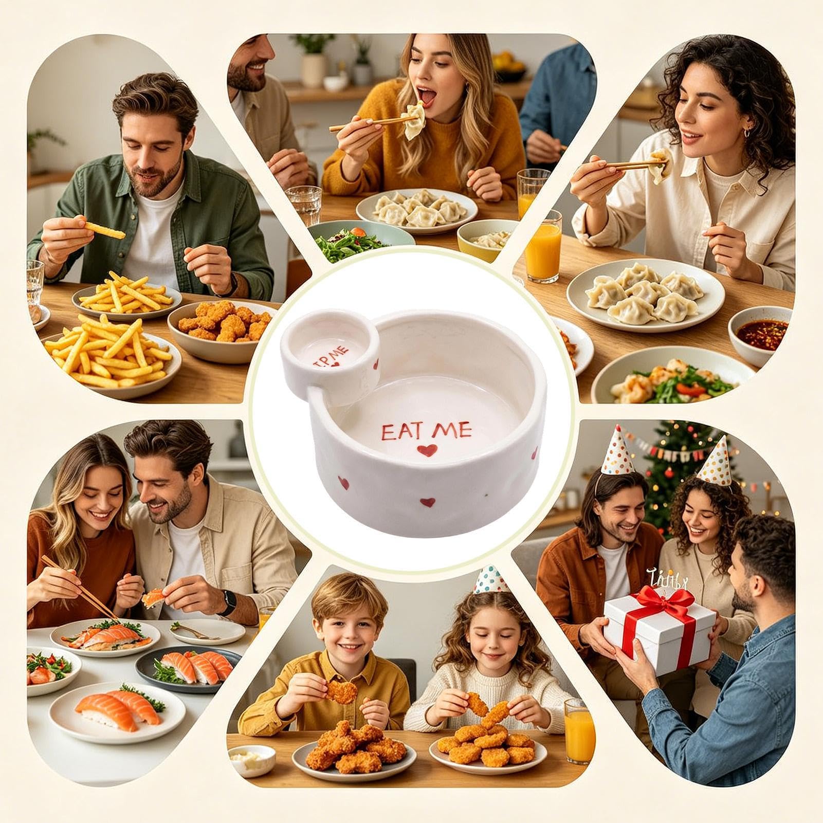 separatore per salsa, doppio scomparto in ceramica, di servizio per patatine, separato per la colazione di , festa, scuola, pranzo, picnic, ufficio, cena,