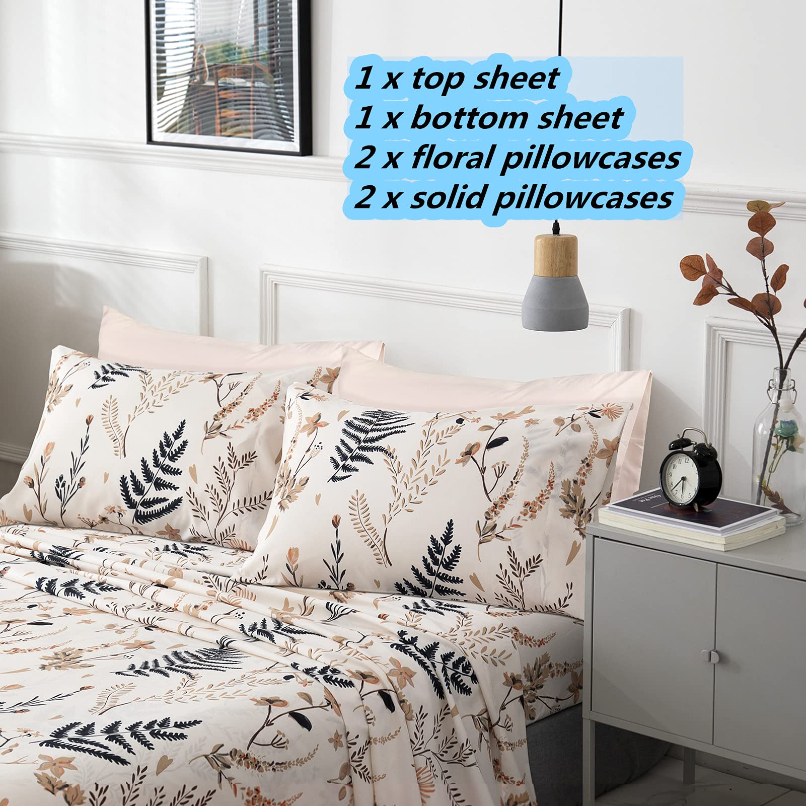 JSD Blush Pink Print Floral King Sheet Set 6 Piece, Soft Botanical ...