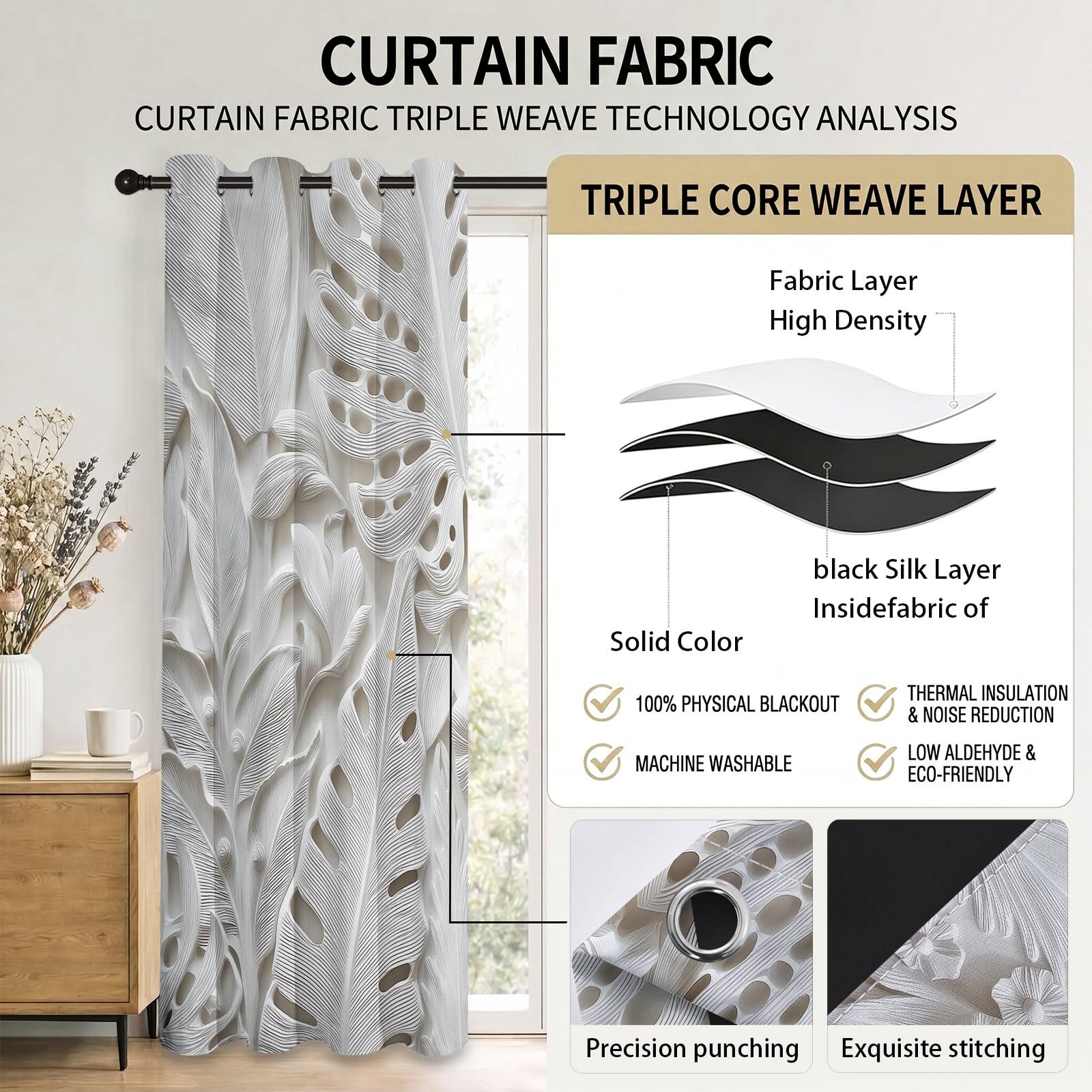 Rideau occultant à Motif de Feuilles De Monstera Minimalistes, Plante Rideaux œillets Isolation Thermique Traitements fenêtre à œillets pour Chambre À Coucher, 91.5L X 160H cm (2 Panneaux), Blanc