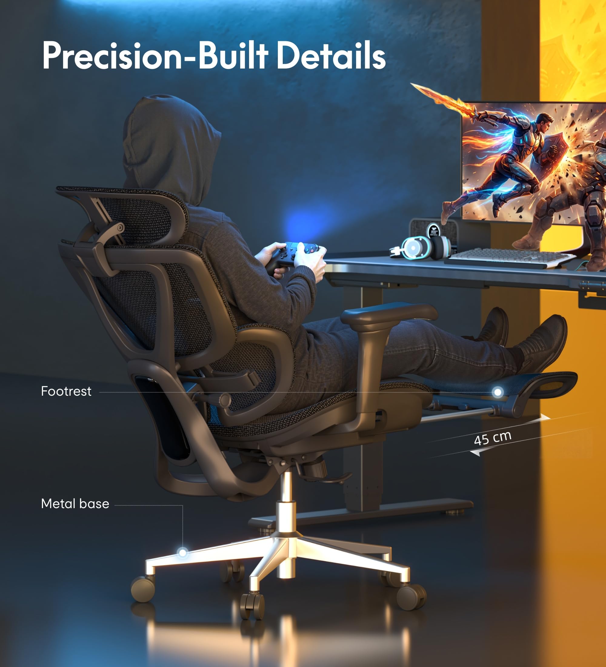 FLEXISPOT OC8 Silla Escritorio con Reposapiés, Silla Ergonomica Escritorio con Soporte Lumbar de Doble ala, Reposacabezas 3D, Respaldo 3 Niveles y Asiento de Profundidad Ajustable, Negro