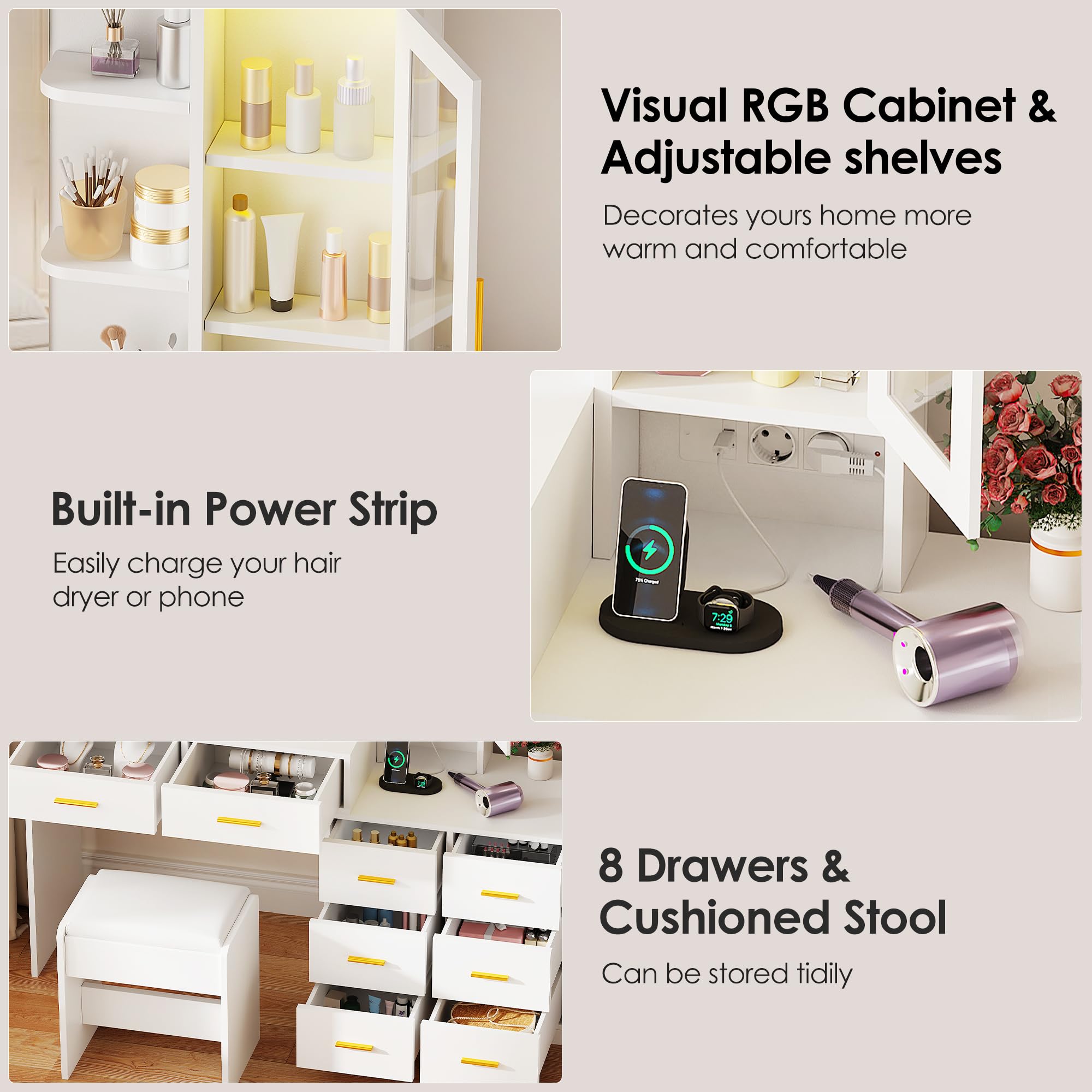 ANWBROAD Grande Coiffeuse avec Miroir et Tabouret 3 Couleurs Éclairage LED réglables et Prises 8 Tiroirs 3 Étagères Rangement Ouvertes RGB Coiffeuse Moderne Blanc 140x131x40cm BDT77W