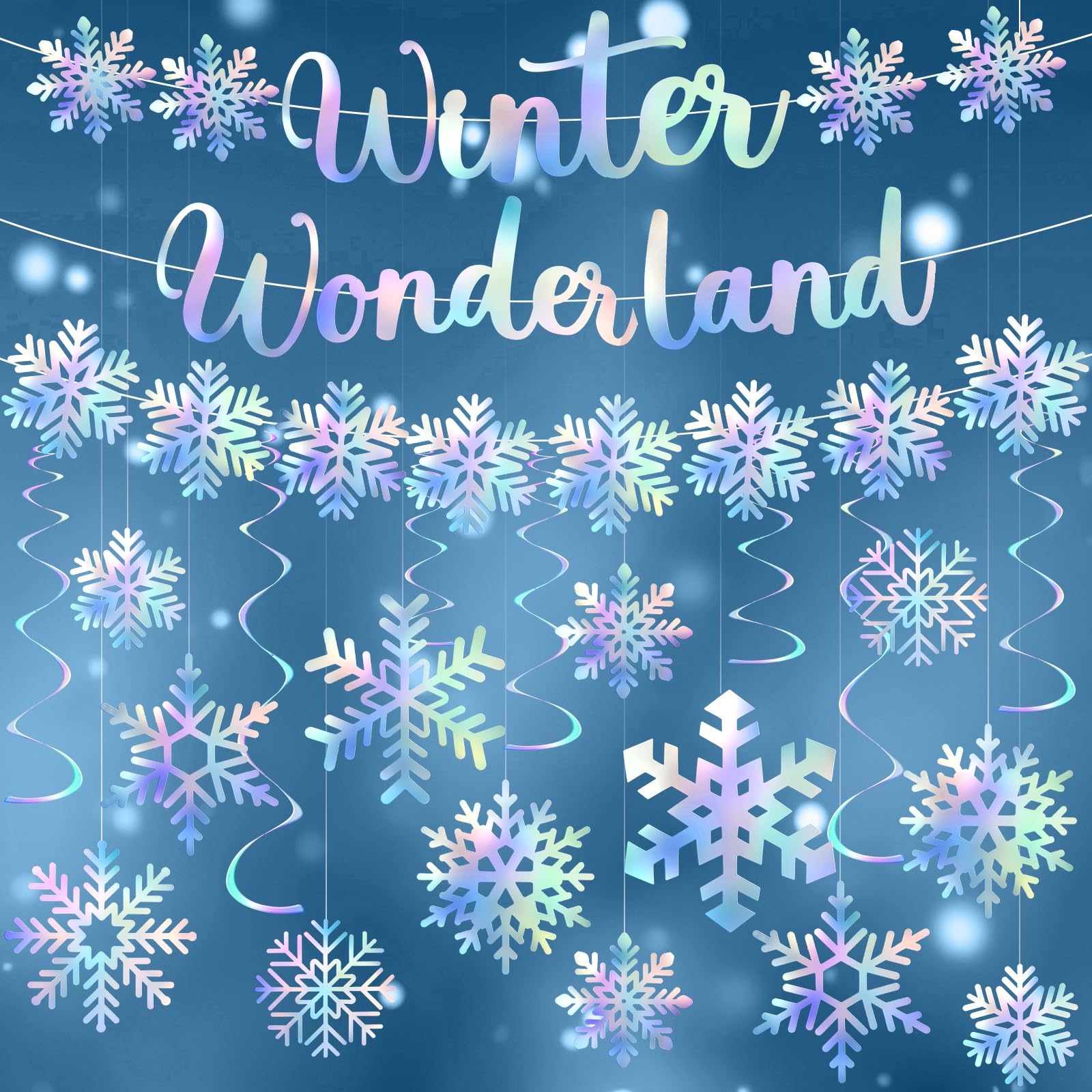 Pinkunn Winter Wonderland Party Decoration Iridescent Christmas Decoration Hanging Snowflake Garland Ornaments Iridescent Glitter Paper Spiral Banners for Holiday Birthday Home Party Decor
