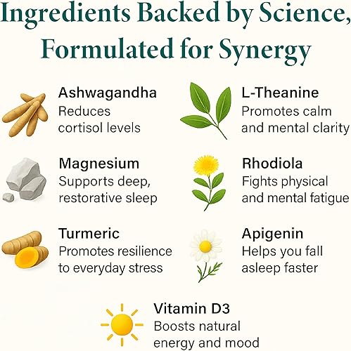 Miniatura 3 de Suplemento de apoyo para cortisol y suprarrenal  Ashwagandha KSM-66, glicinato y citrato de magnesio, L-teanina, rodiola, apigenina, cúrcuma,