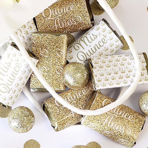 Miniatura 9 de DISTINCTIVS Recuerdos de fiesta de quinceañera blanco y dorado, mini envoltorios de barras de caramelo, 45 calcomanías