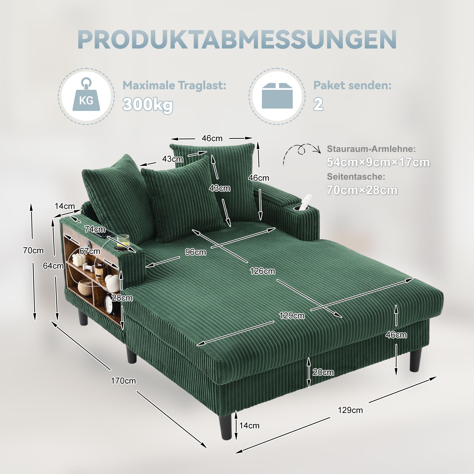 Salón multifuncional de pana con chaise longue con gran superficie de descanso, soporte para bebidas en ambos lados, bolsillo lateral, espacio de almacenamiento, patas de plástico estables