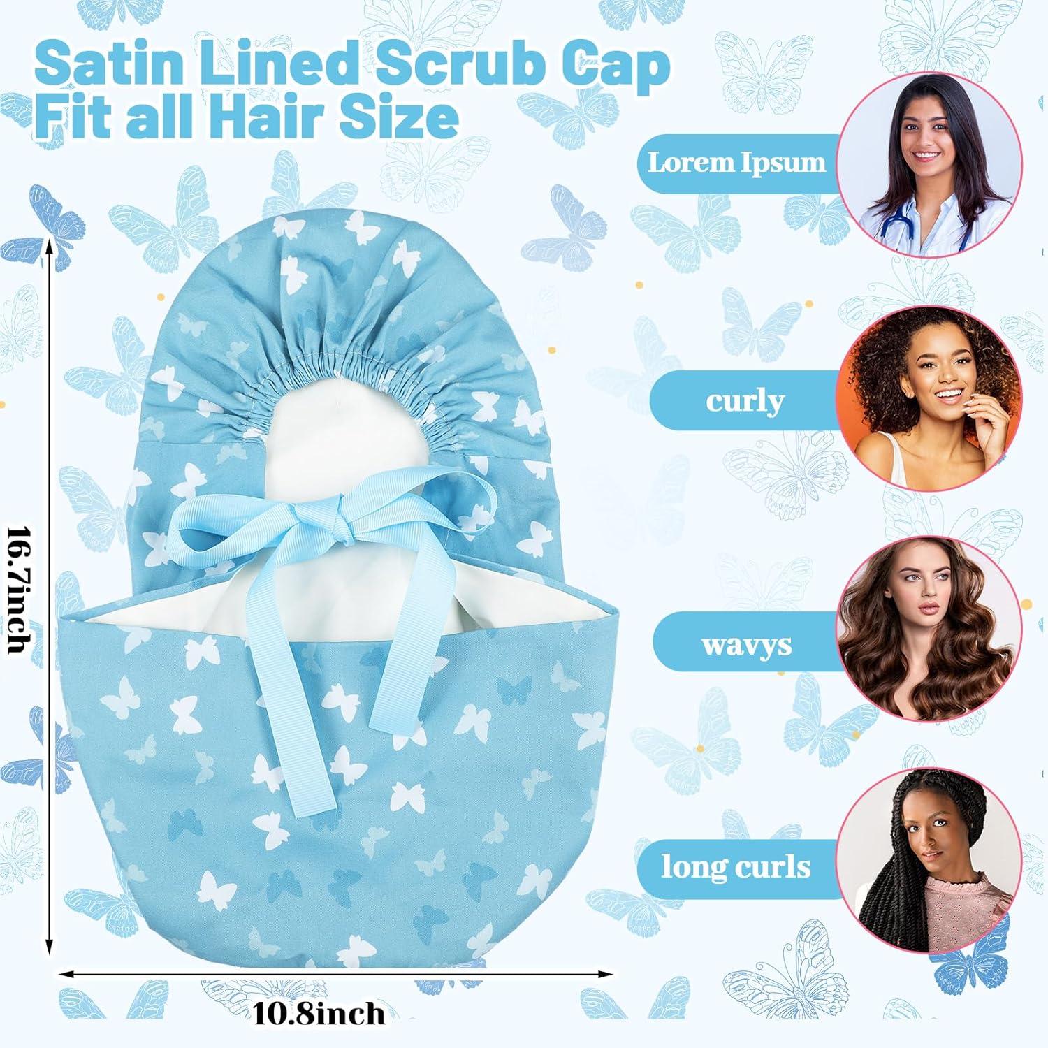 6 Pcs Satin Lined Working Hat Scrub Caps Adjustable Tie Back Bouffant Hats with Button Sweatband for Doctor Nurse - Image 2