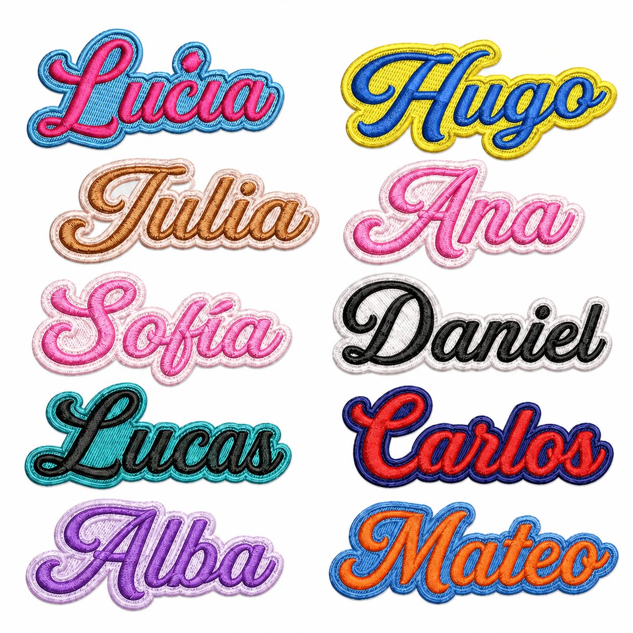 Pack 10 Parches Bordados Personalizados con Nombre para Mochila, batas, colegios, profesionales, diez nombres diferentes
