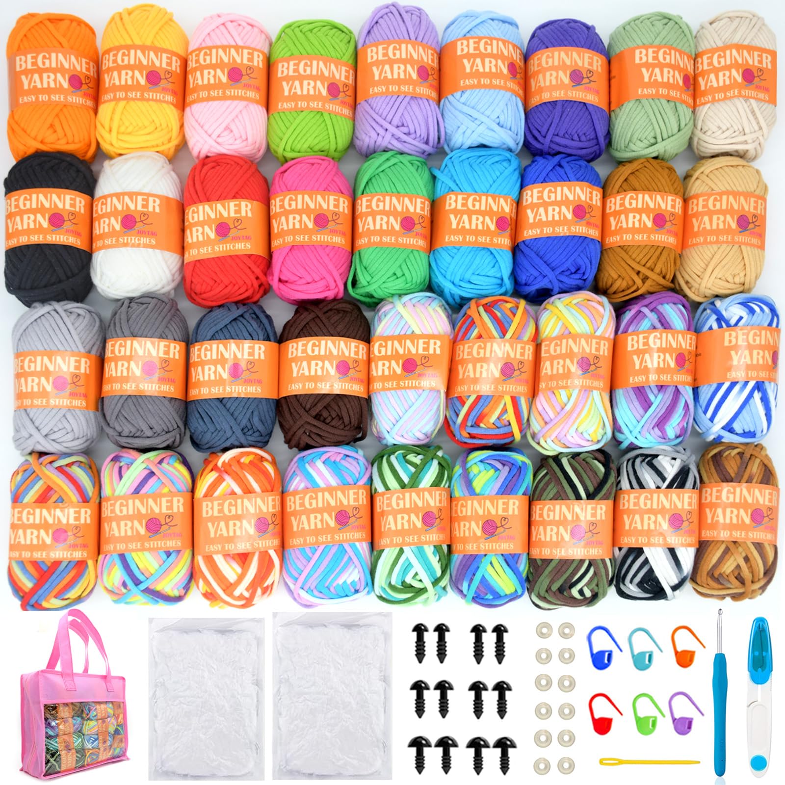 Crochet Kit-36x25g: Rainbow Cotton Yarn for Beginners with Easy Stitches - Storage Bag