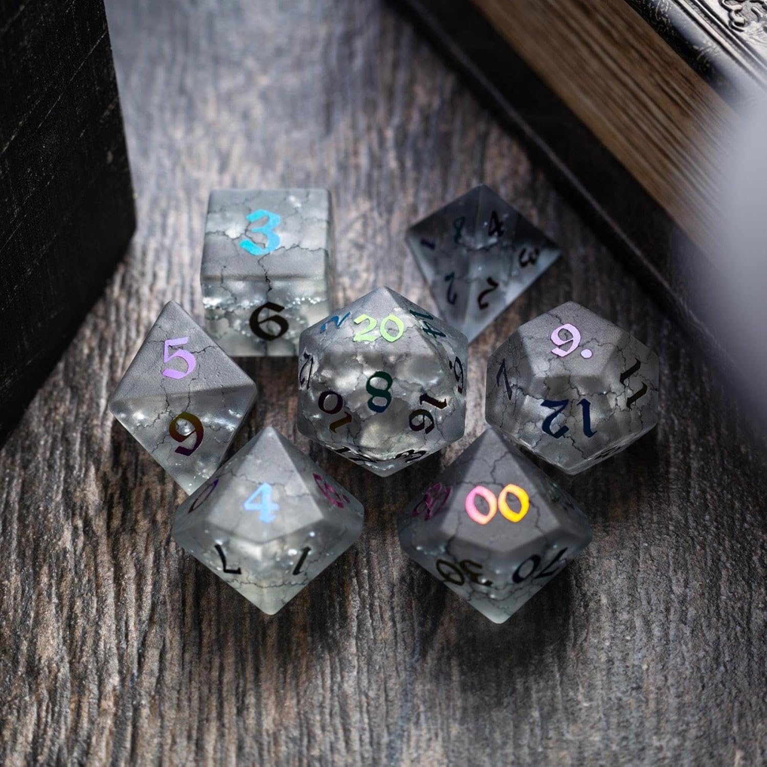 Black Lightning Cracked Glass Dice Set, 7‑Piece Polyhedral DND Dice with Storage Box for Dungeons & Dragons RPG Games