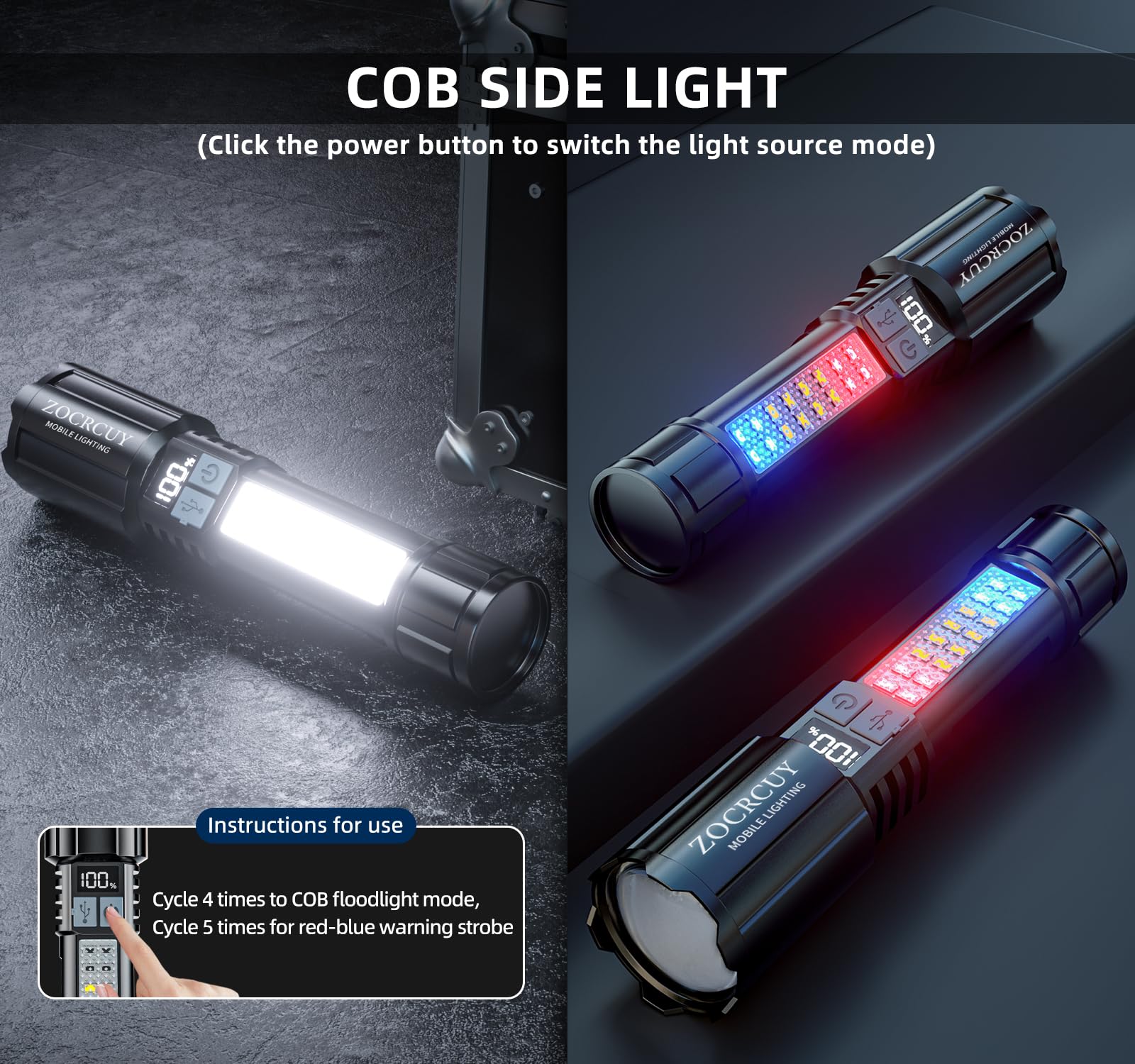 Torce ricaricabili 2000 High Lumens Flash Light Super Bright COB Torcia 5 modalità Zoomable con display digitale LCD Casa Campeggio Luce Flash di emergenza