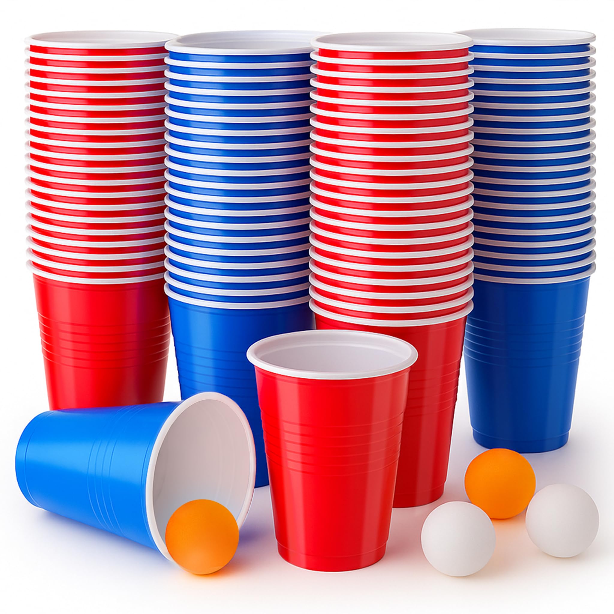 100 Pezzi Bicchiere Plastica Rossi Blu e 10 Palline Ping Pong, 500ml Bicchieri Plastica Riutilizzabili Colorati per Feste, Compleanni, Matrimoni, Campeggio