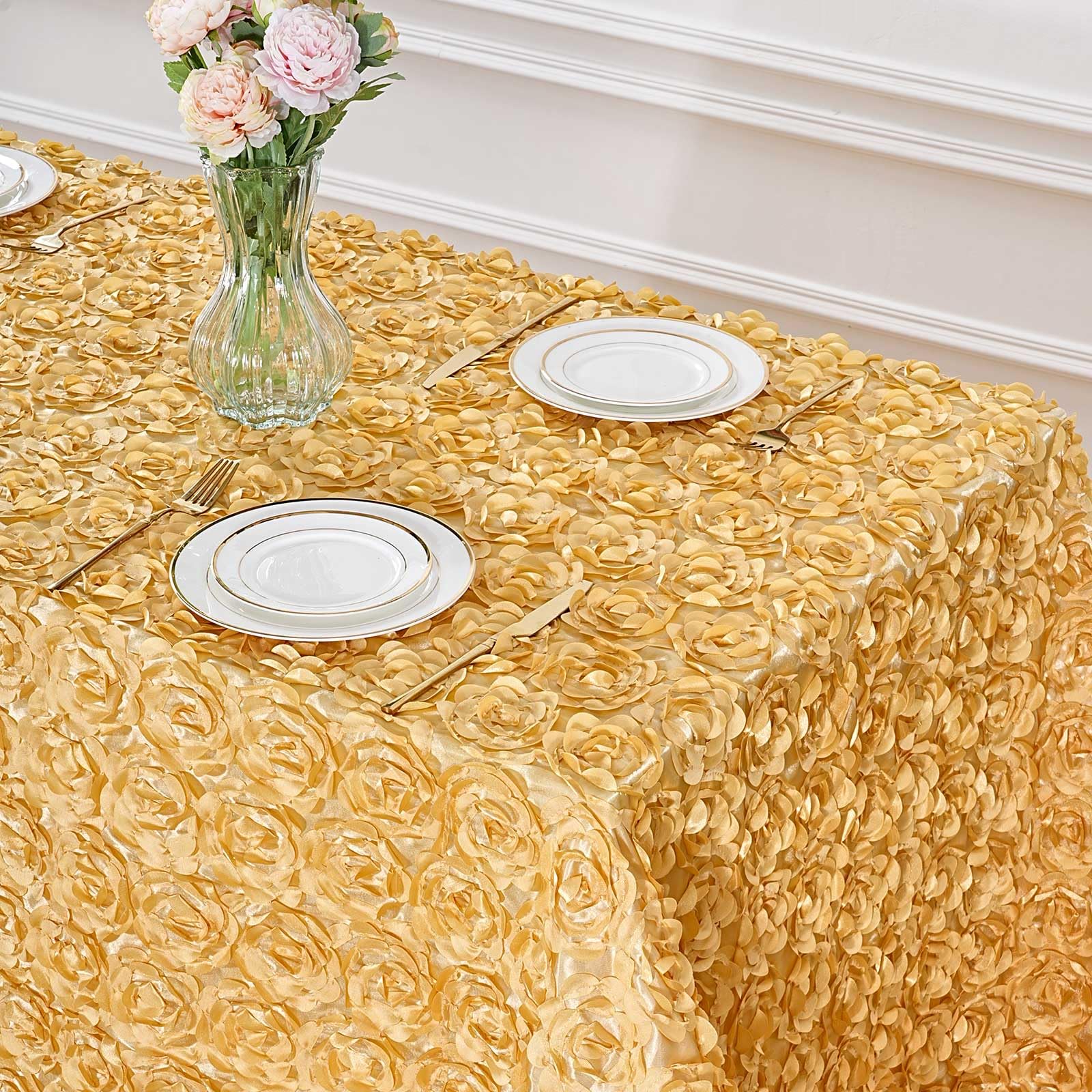 B-COOL Rosette Tablecloth Light Gold 90x132 Inch 3D Floral Rectangle Table Cloth Wedding Tablecloths for Outdoor Romantic Romantic Party Table Decorations