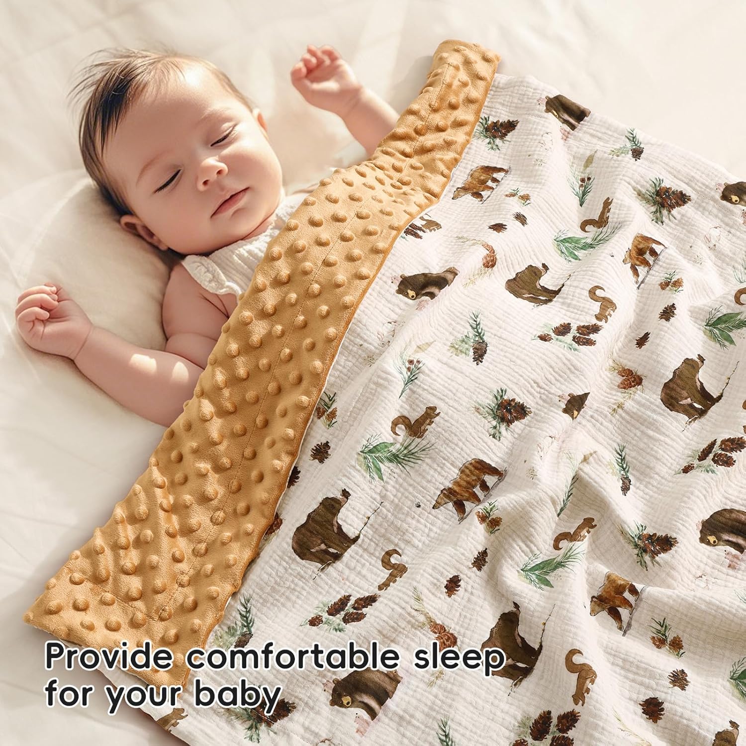 david's kids Muslin Minky Baby Blanket for Boys with Muslin Cotton Front and Dotted Fleece Backing, Breathable and Soft Lightweight Receiving Blanket for Newborns, 40x50 Inches, Woodland Animals - Image 7