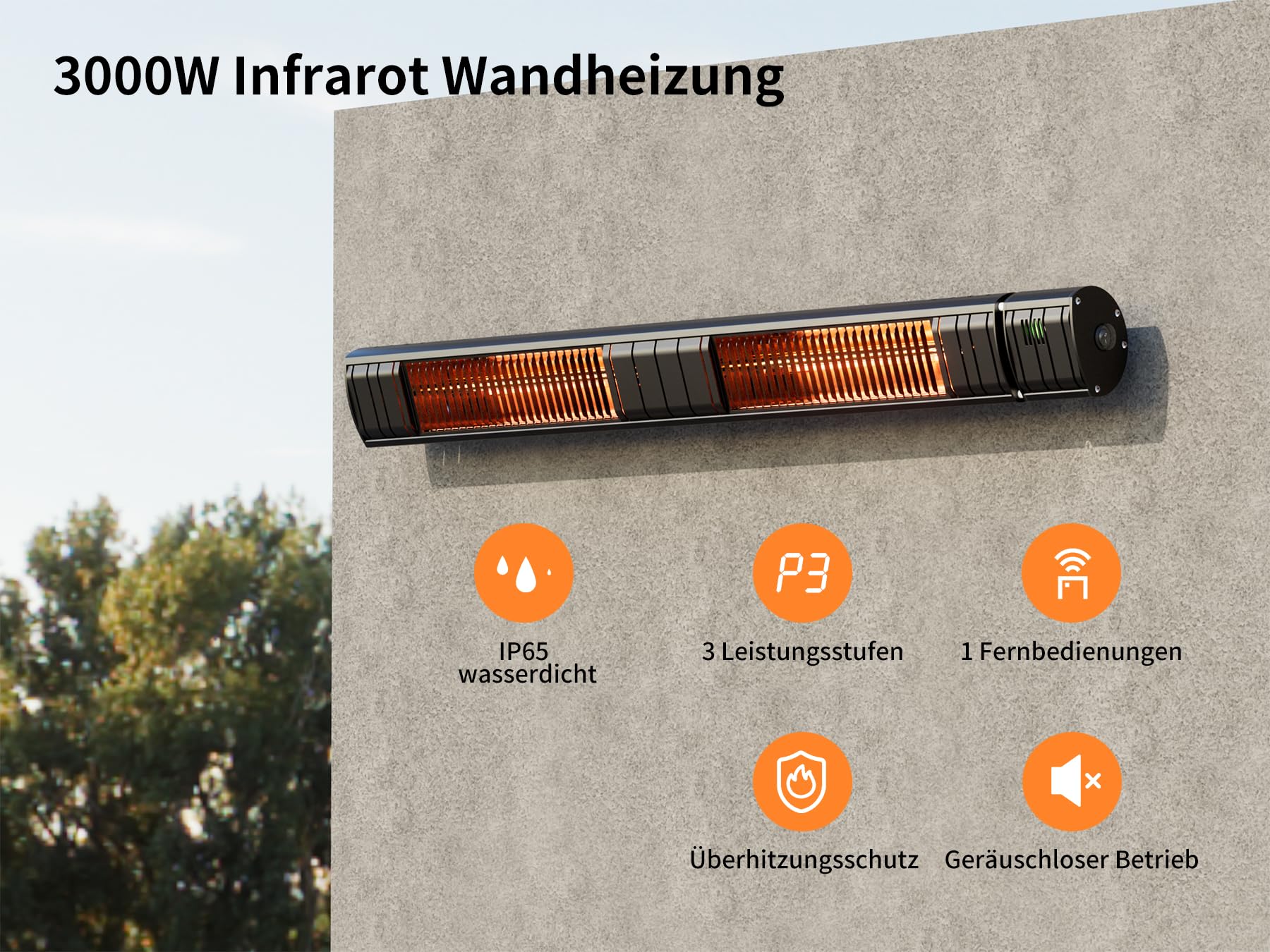 Heizstrahler Terrasse, Infrarotstrahler 3000W, Elektrisch Wärmestrahler mit 3 Heizstufen, Wandmontage, IP65 Wasserdicht, Infrarot Terrassenheizer für Garten Terrasse & Balkon, Schwarz