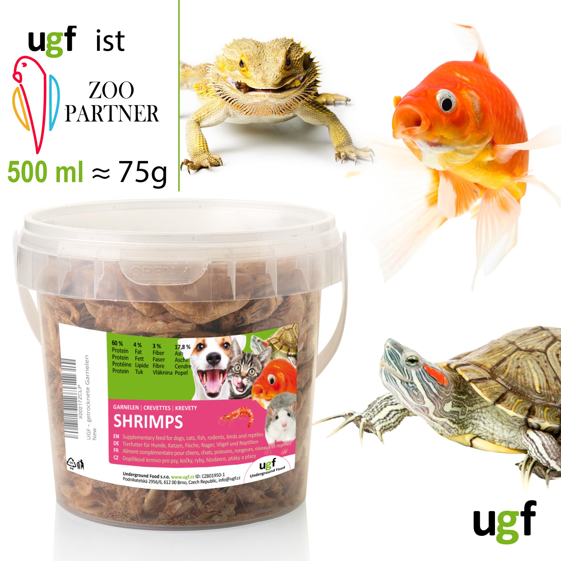 UGF - Gamberetti essiccati - 75 g in un secchio da 500 ml, Insetti gamberetti, Cibo per uccelli selvatici (tutto l'anno), Snack per cani, Cibo per tartarughe, roditori, lucertole, pesci