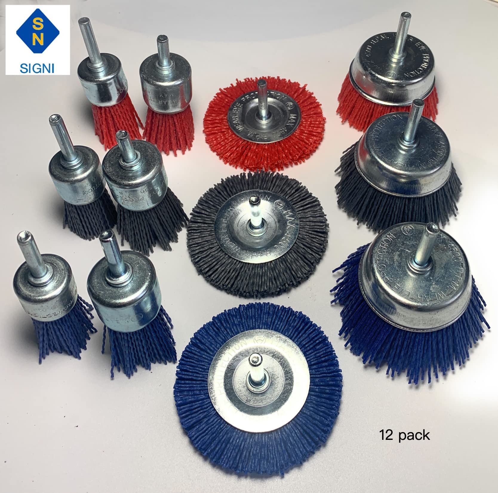 Signi 12 Pack Nylon Bristle Filament Abrasive Brush Drill Wheel and Cup Brush Set with 1/4 Inch Shank, Surface prep Remove Rust/Corrosion/Paint (2.5