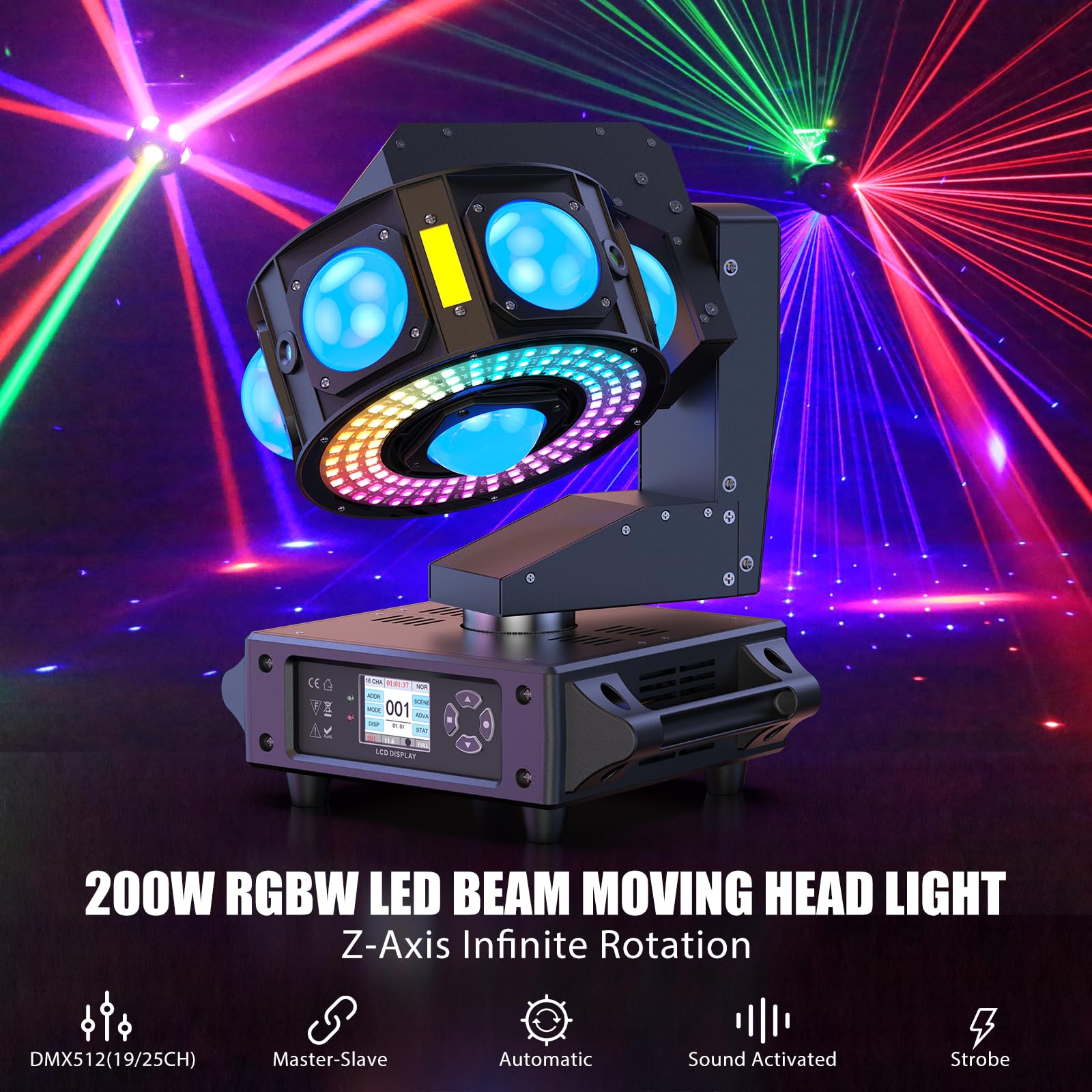 200W Moving Head LED RGBW Beam Discolicht Partylict 19CH/25CH Bühnenlicht für Partykeller Hochzeit Club Bar Scheinwerfer