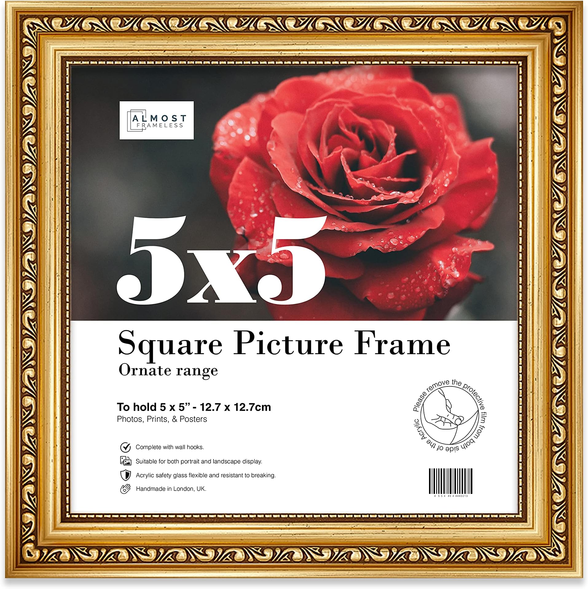5x5 Gold Ornate Picture Frame 5"x5" (12.7x12.7cm) Poster, Photo, Artwork, or Print. Elegant Style Portrait and Landscape Display with Wall Hooks