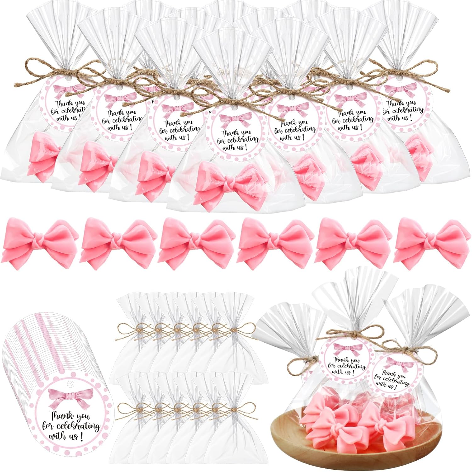 Demissle 40 Sets Coquette Bow Baby Shower Favors Soap Party Favors for Guests Return Gifts Bulk Cute Soaps with Bags Twines Thanks Tags for Birthday Party Decorations Girl Gender Reveal(Pink)