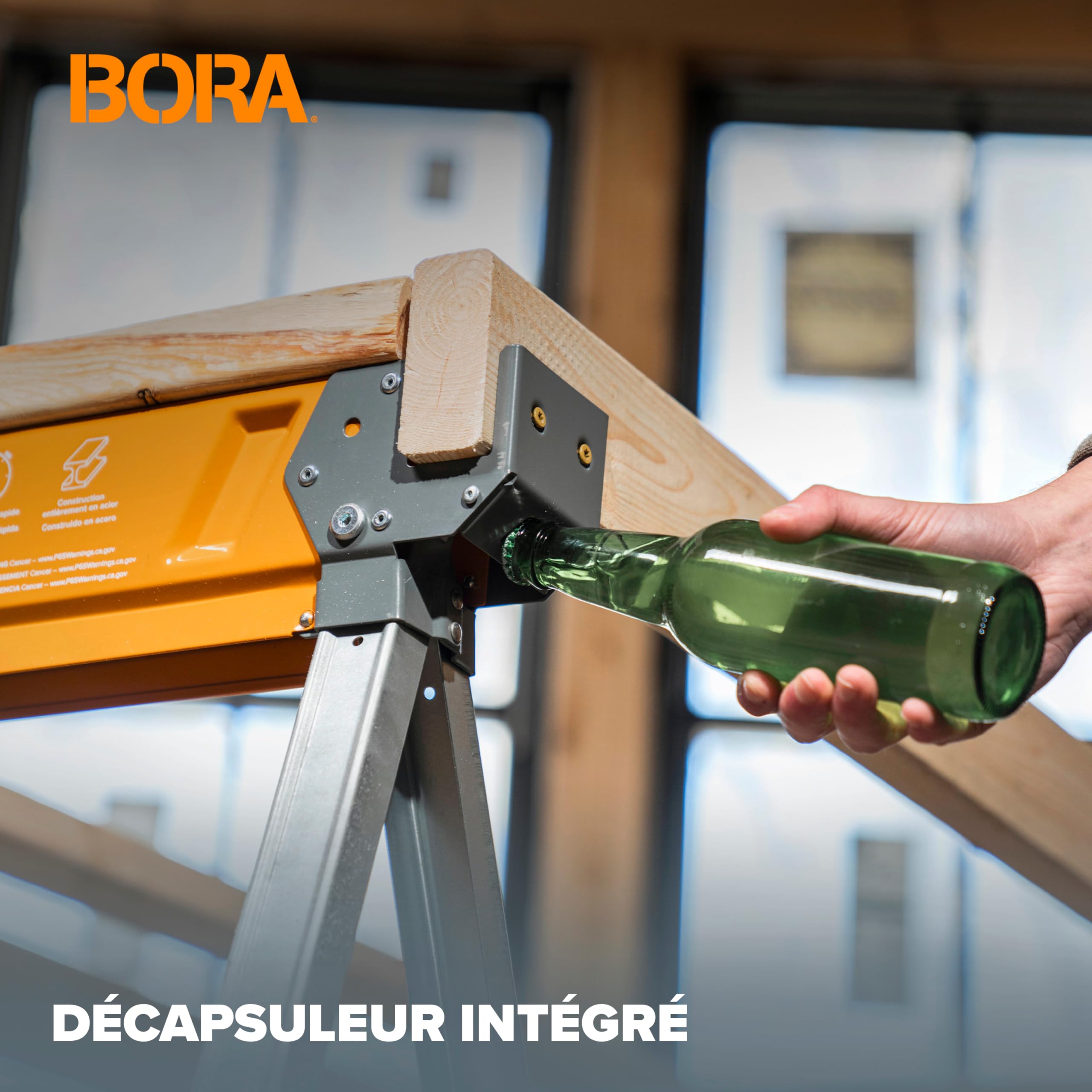 BORA Workhorse XT PM-3360T Lot de 2 chevalets de sciage pliables et réglables en hauteur avec pieds réglables pour entrepreneurs Établi portable avec décapsuleur intégré