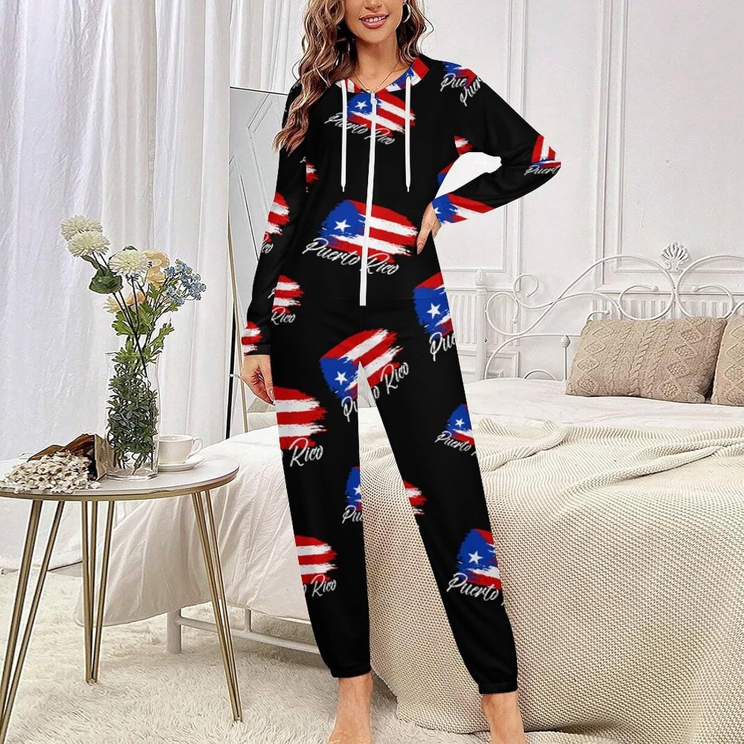 Vintage Puertorico Flag Adult Pajamas Onesie with Hood Pocket Jumpsuits One Piece Sleepwear