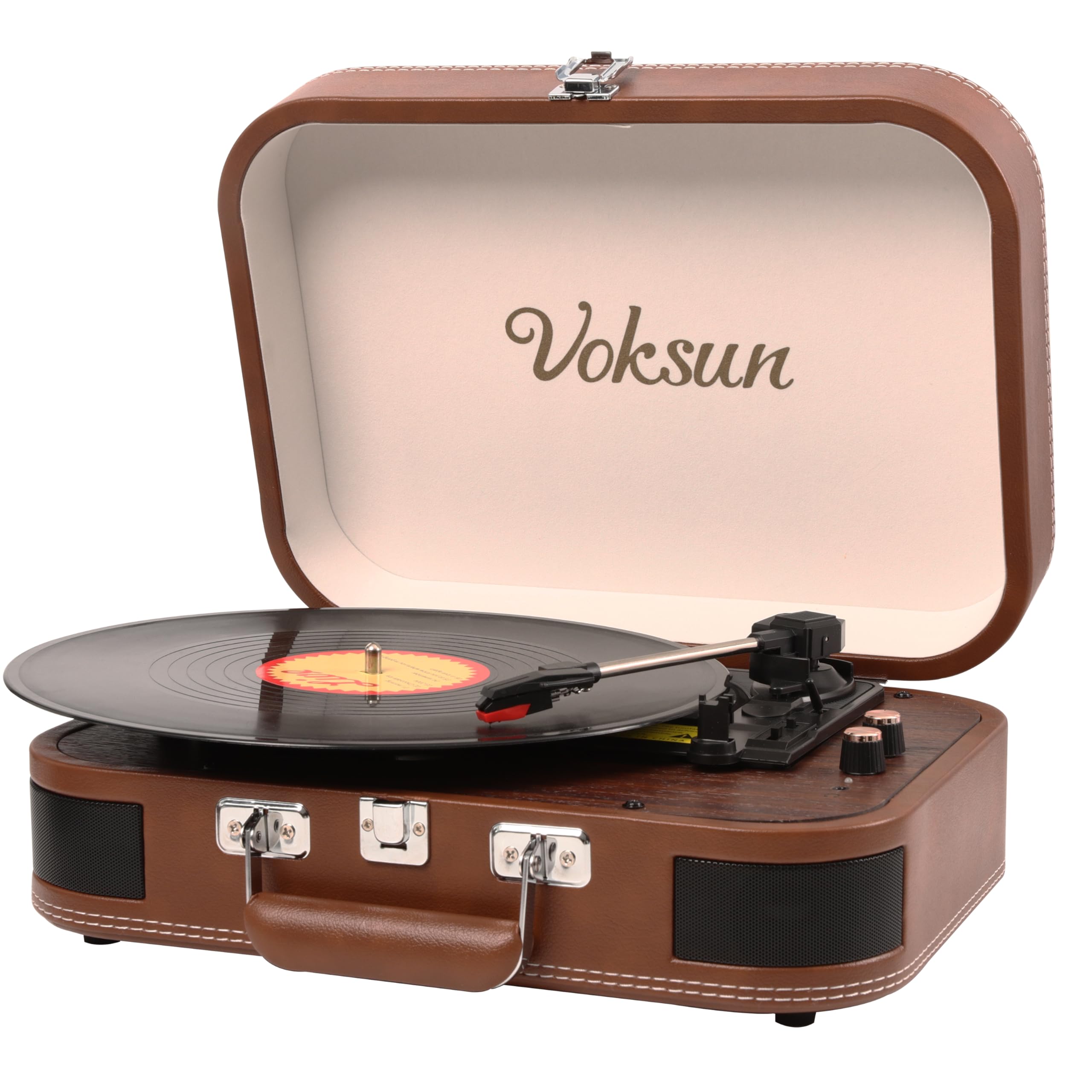 Giradischi Vinile, VOKSUN Giradischi Portatile Vintage con Altoparlanti Incorporati, Bluetooth In/Out Lettore LP Vinile 3 Velocità, Valigia USB, In AUX, Linea RCA, Jack Cuffie, Auto-Stop (Marrone)
