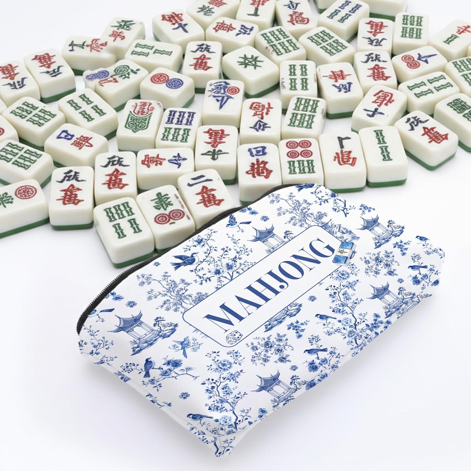 Empty Mahjong Tile Bag - Waterproof Blue Printed Storage Bags with Zipper for Standard Size American Mahj Pouch Chinoiserie Accessories New Year Birthday Gifts for Lover Player Friend
