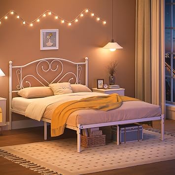 Full Size Bed Frames with Headboard, Heavy Duty Metal Platform for Girls