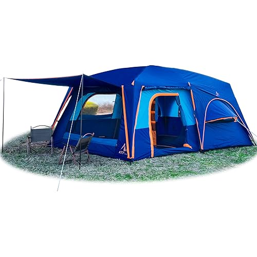 KTT Extra Large Tent 12 Person,Family Cabin Tents,Full Rainfly,2 Bay-Windows,2 Rooms and 3 Doors 3 Windows with Mesh,Waterproof,Straight Wall,Double Layer,Big Tent for Outdoor,Picnic,Camping