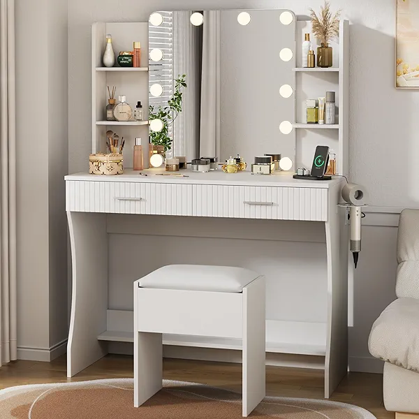 Otterease Vanity Desk with LED Lighted Mirror, 39.4" Large Makeup Vanity with 3 Adjustable Lights, 2 Large Drawers and 4 Open Shelves, White Vanity with Storage Stool for Bedroom