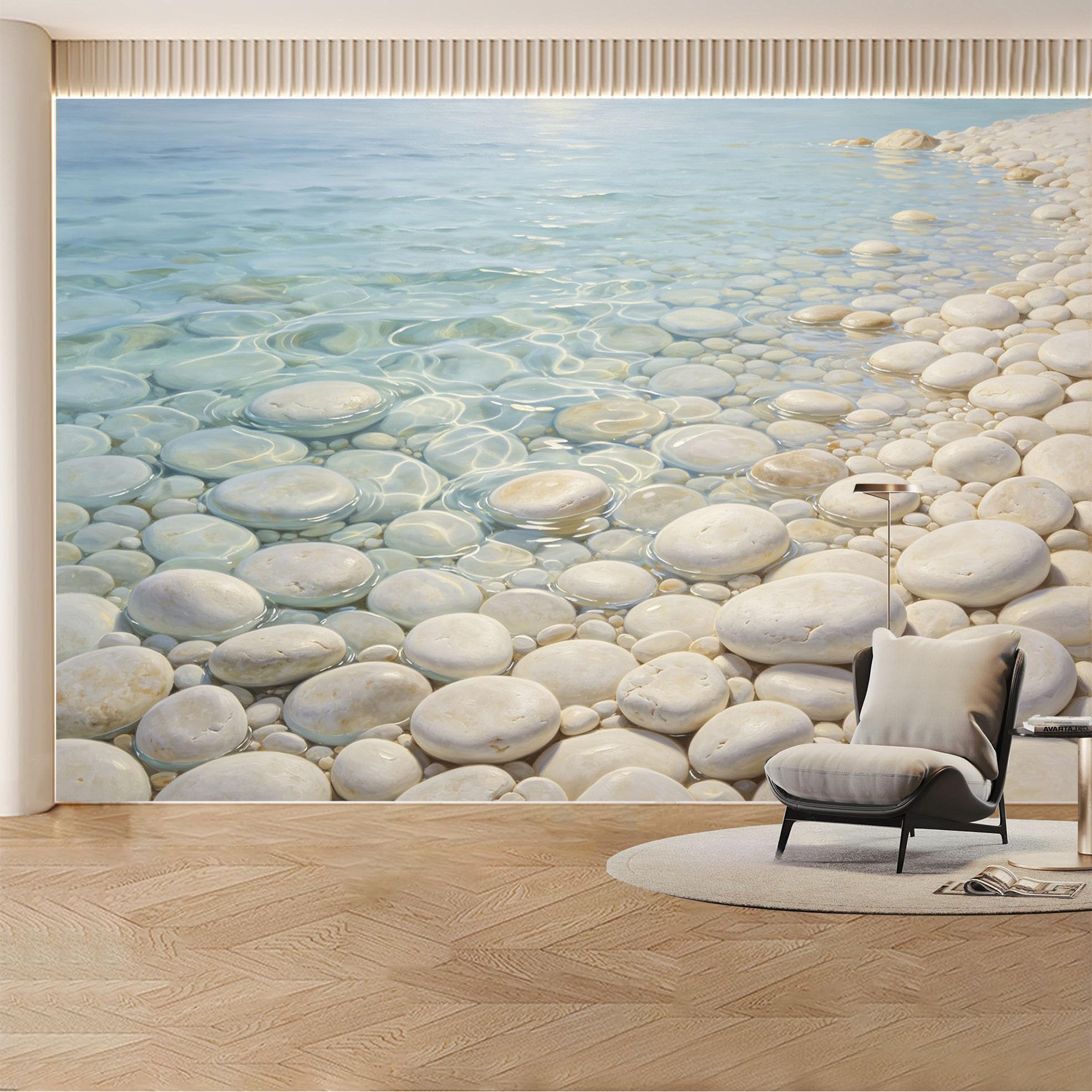 Custom Wall Mural Wallpaper Ocean Pebble Shore Landscape Nature 3D Effect Wall Decor Large Wall Art Minimalist Coastal Serenity Removable SelfAdhesive Large Photo for Living Room， Bedroom， Office