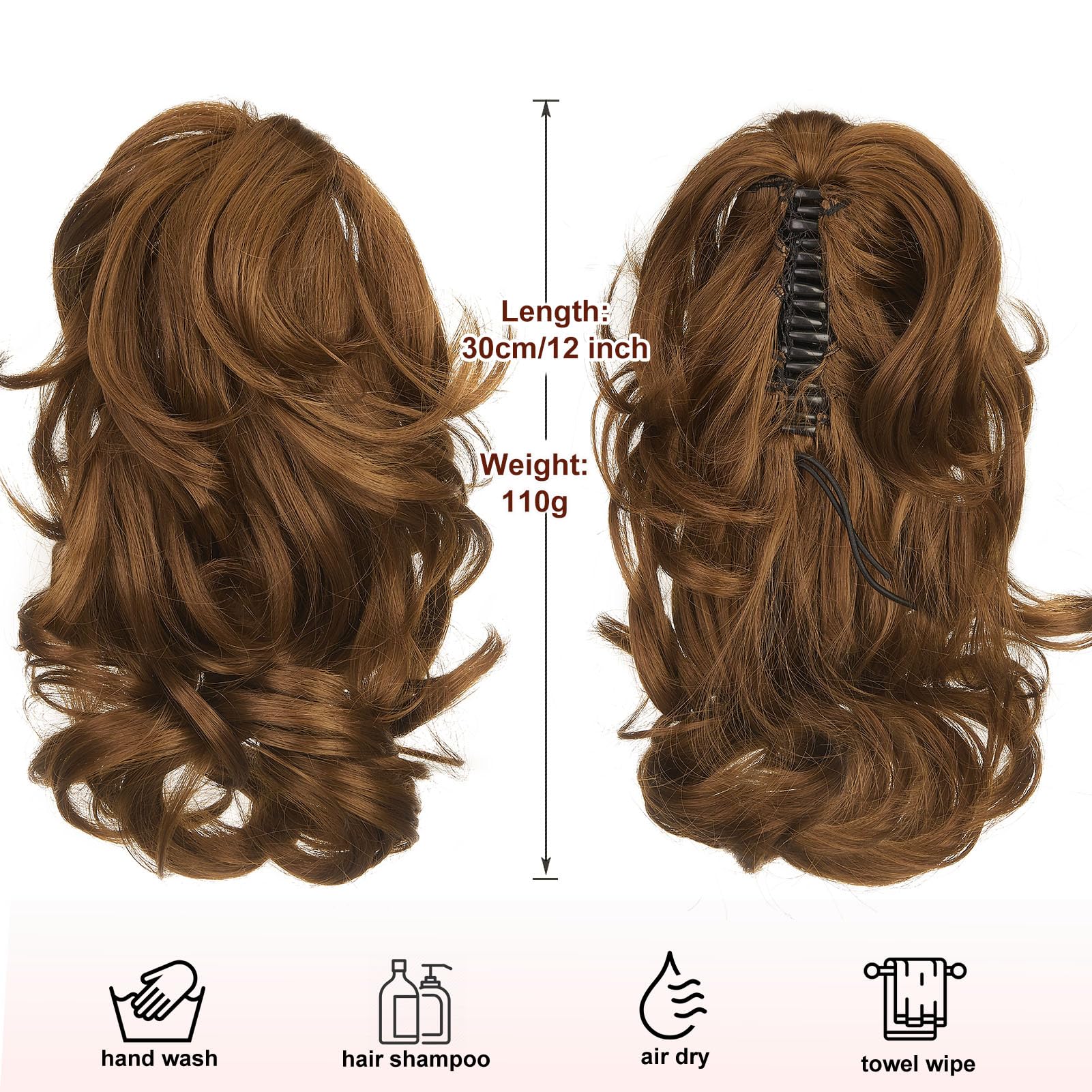 Dcbaboo Short Ponytail Extension Curly 12inch Claw Clip in Ponytail Hair Extensions Long Wavy Synthetic Pony tails Natural Wave One Piece Hairpiece Fake Ponytail for Women Light Auburn - Image 3