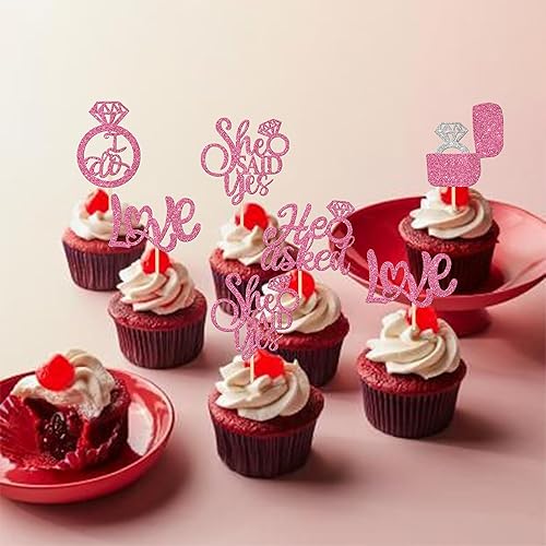 Miniatura 44 de 30 PCS He Asked She Said Yes Cupcake Toppers Love I Do Diamond Ring Cupcake Picks for Wedding Enaggement Bridal Shower Party Cake Decorations Black