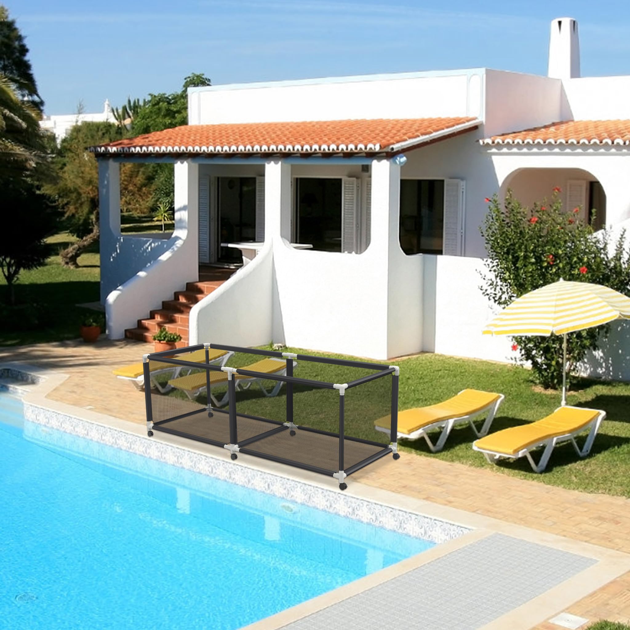 FIVMEN Contenedor de almacenamiento de piscina con rollo porta fideos carro de almacenamiento con red de nailon gran capacidad organizador para fideos juguetes flotador toallas, 230 x 79 x 88 cm