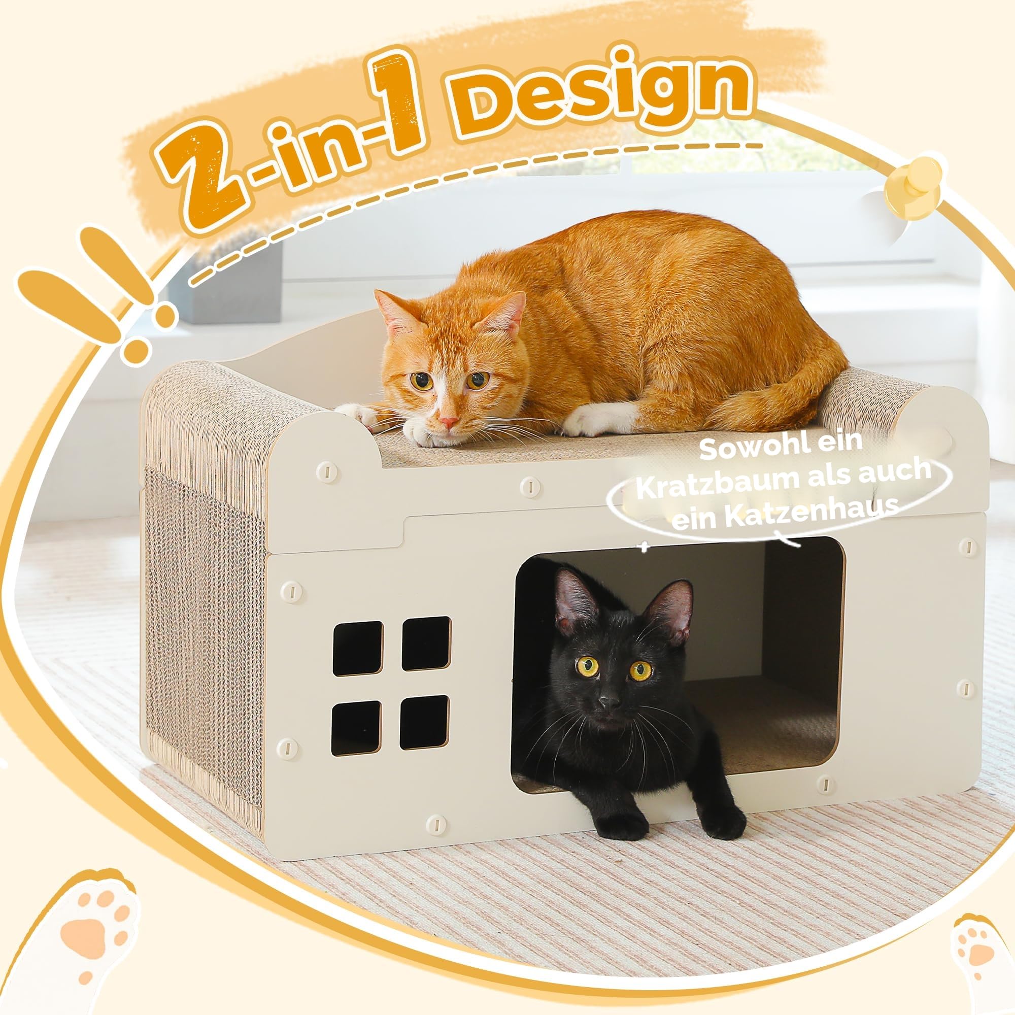 PAWZ Road Kratzbrett für Katzen, Katzenhöhle mit Kratzbrett, Katzenhaus Indoor aus Pappe, Kratzpappe für Katzen, Kratzpad Lounge, Langlebiges Katzenspielzeug 55 x 28 x 35 cm, Weiß