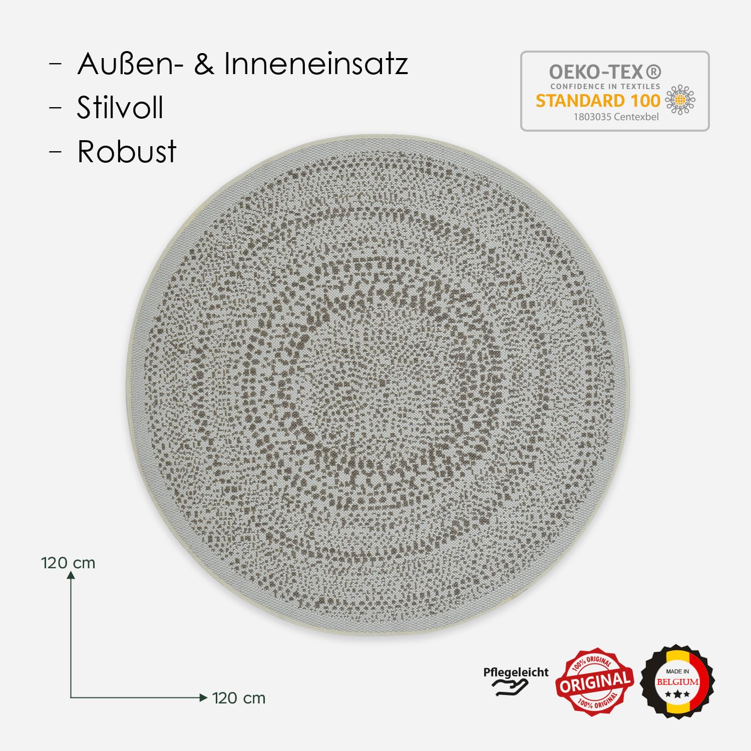 DomDeco Intérieur/extérieur Tapis rond Finn dans un style moderne – Robuste et facile d'entretien pour le salon, le couloir, la terrasse, le balcon, en fibres synthétiques, Ø 120 cm, crème/vert olive