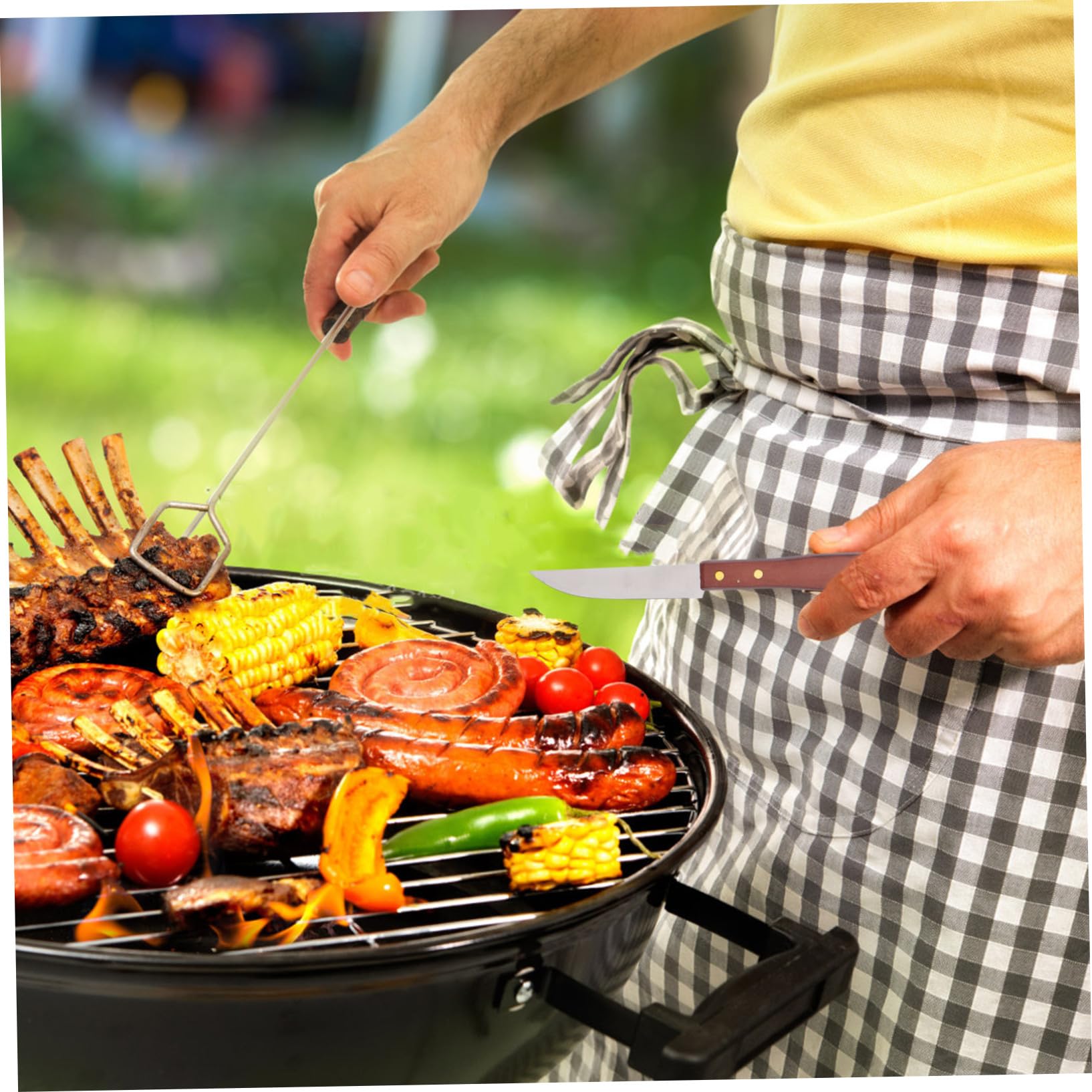 Set Utensili Barbecue in Acciaio Inox Manico Legno | Borsa Inclusa, Nero, Design Compatto, Resistente al Calore, per Barbecue All'aperto e Festa Grill