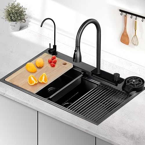 Fregadero de estación de trabajo de cocina Nano 304 de acero inoxidable 304 de 33 x 22 pulgadas con grifo extraíble y lavadora de tazas, fregadero