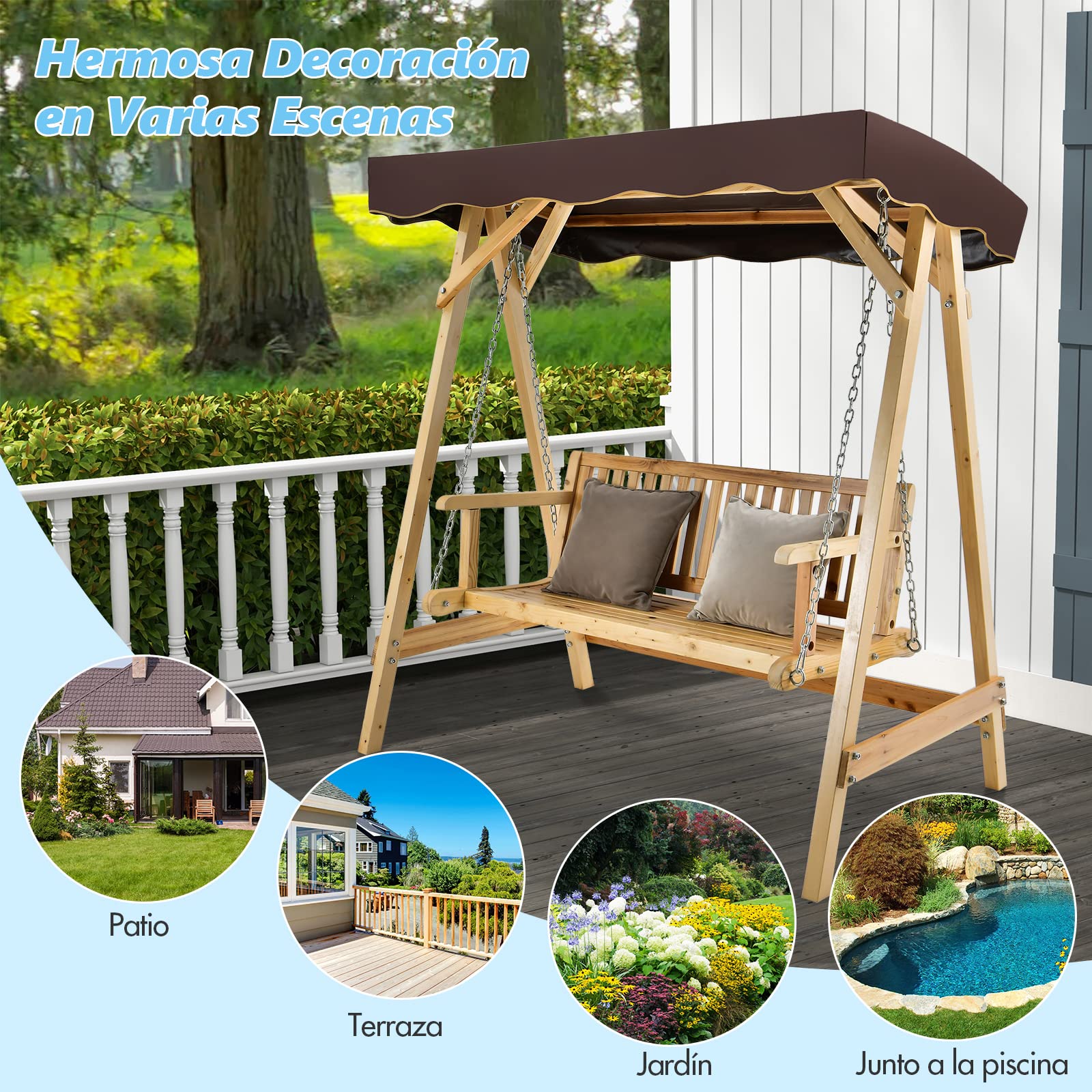 COSTWAY Columpio Balancin Jardin de Madera 2 Plazas,Toldo Ajustable, Silla de Madera de Columpio de Patio hasta 240kg, 175x106x182 cm, Porche, Patio Trasero, Balcón (con toldo)