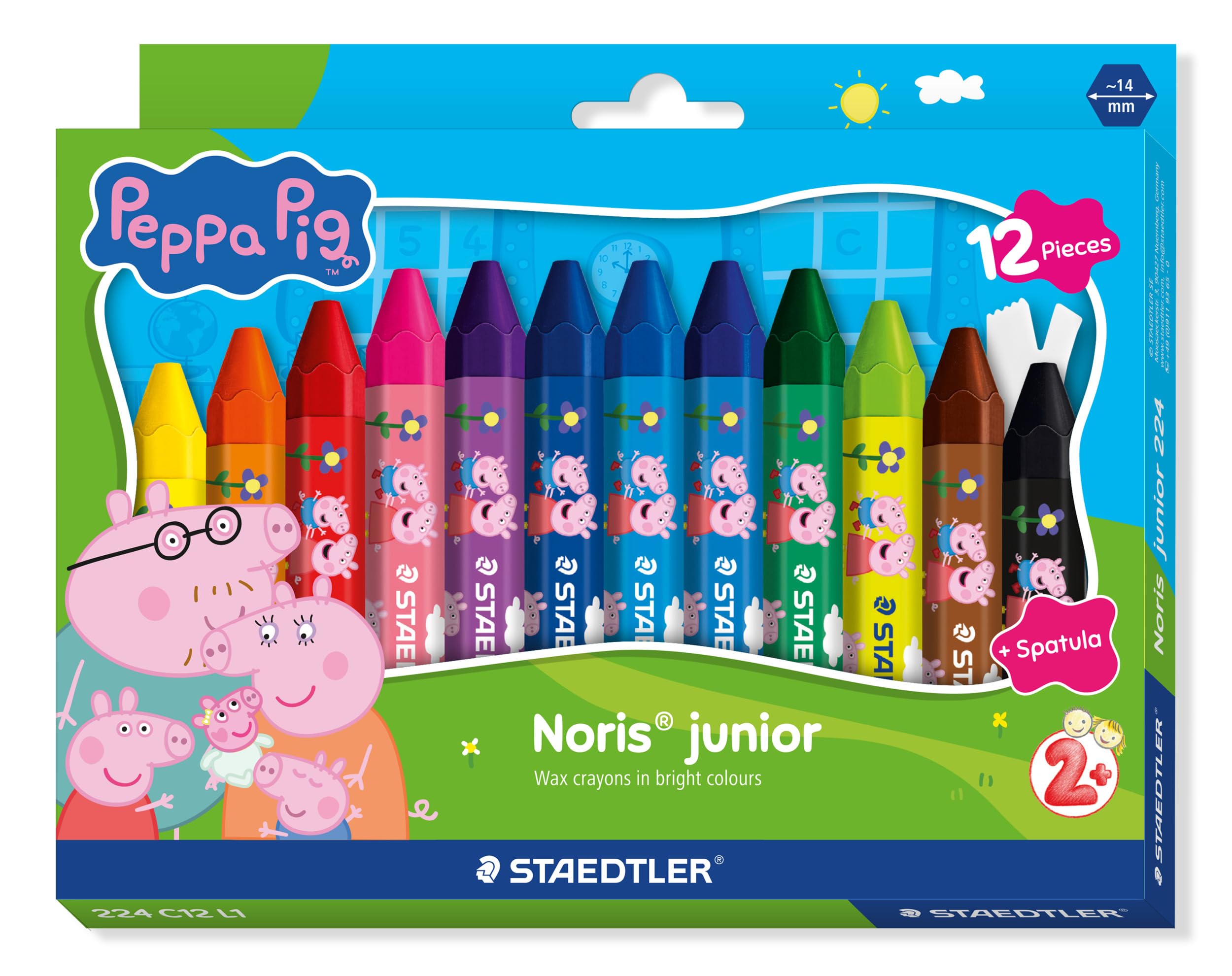 STAEDTLER Noris junior Peppa zestaw 12 kredek świecowych – grube kredki świecowe do kolorowania na dużych powierzchniach i kreatywnych technik malarskich – ergonomiczne kredki świecowe dla małych