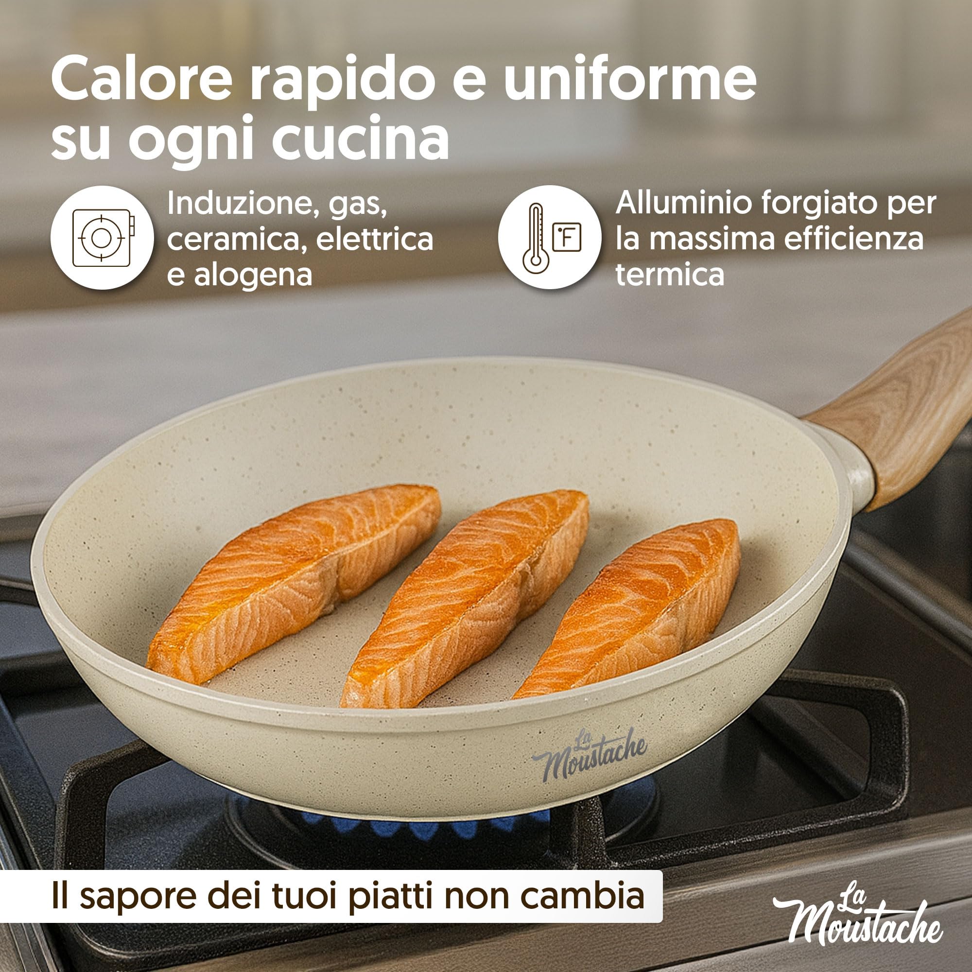 La Moustache - Set di Pentole e Padelle Antiaderenti 14 Pezzi (Latte) | 2 Padelle, 3 Pentole, 3 Coperchi con Sfiato, 3 Utensili e 3 Salvapadelle, Induzione, Gas, Lavaggio a Mano, senza PFOA e PFAS
